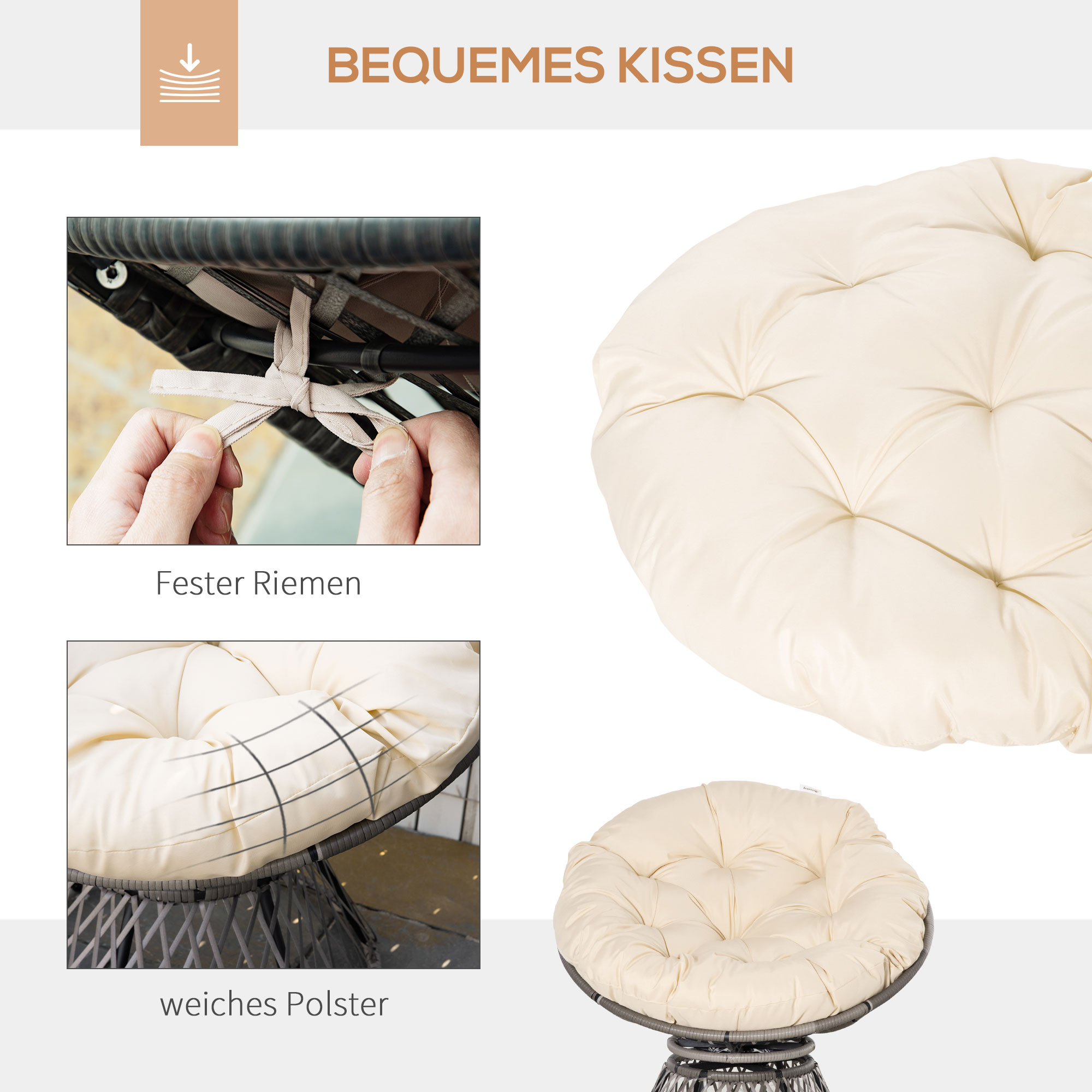 Outsunny Papasan Stoel Rotan Fauteuil met Kussen, Kunstrotan, Draaibaar, 87 x 97 x 86 cm, Beige