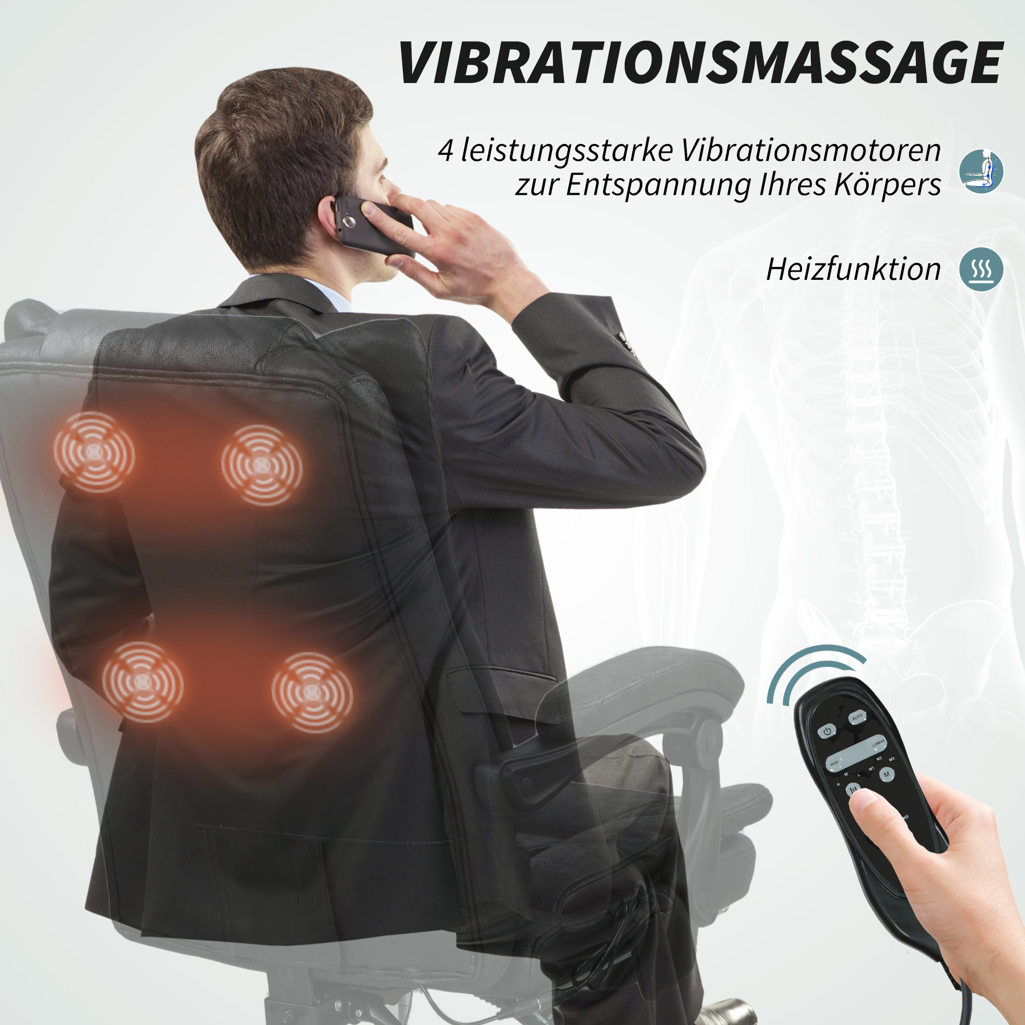 Vinsetto Massagestoel Bureau met Massagefunctie, incl. Voetensteun, Verstelbaar, 64 cm x 70 cm x 118 cm, Zwart
