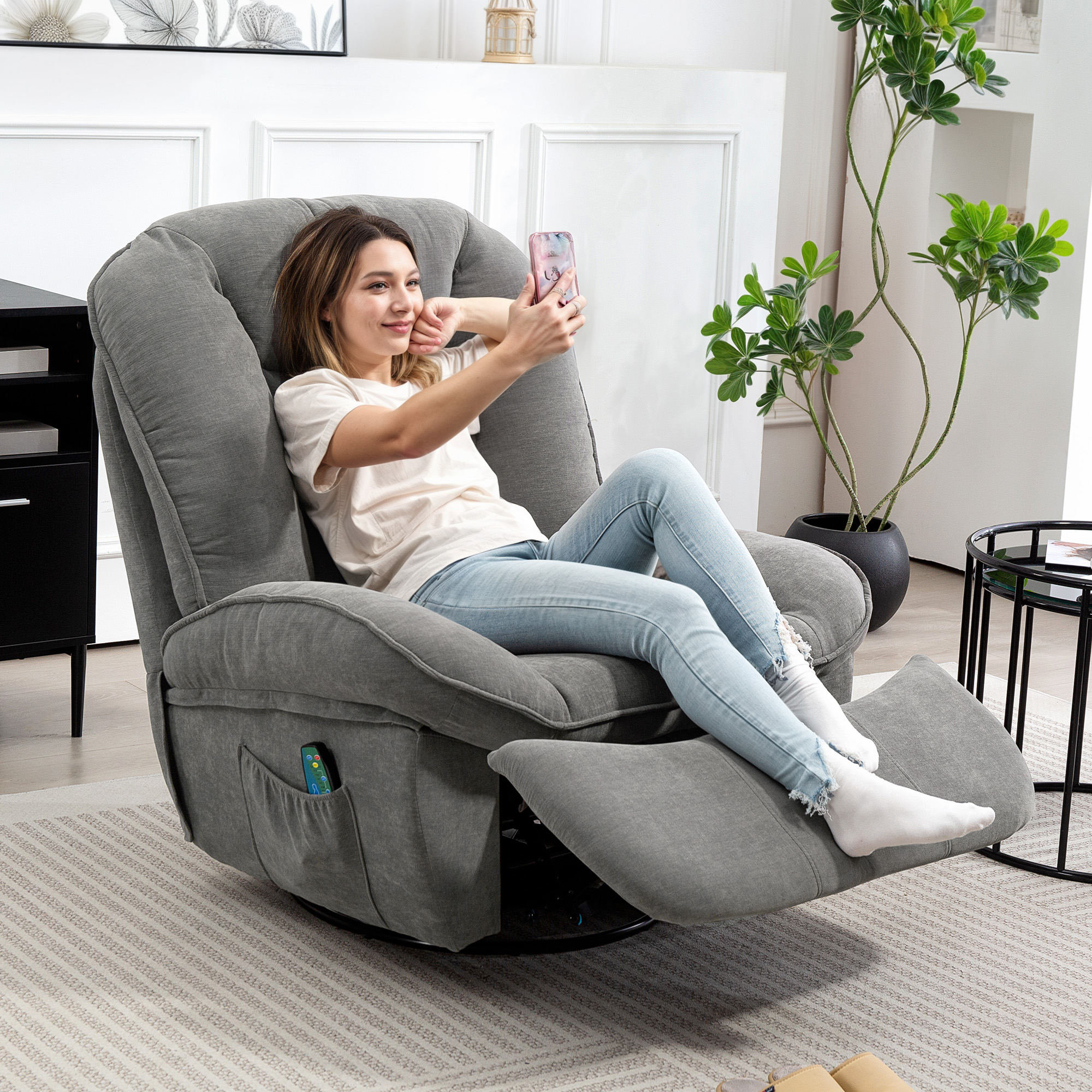 HOMCOM Relaxfauteuil, TV-fauteuil met Ligfunctie, Schommel- en Draaibaar, met Voetsteun, Grijs
