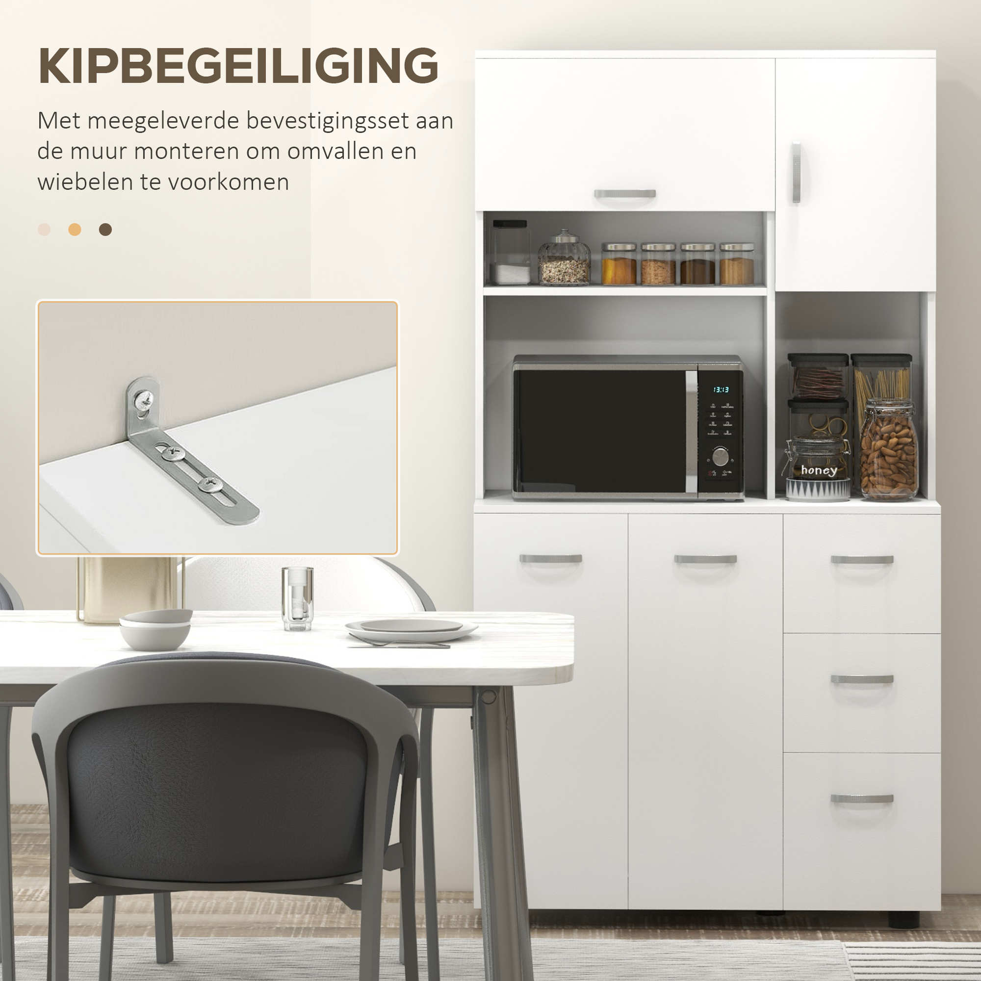 HOMCOM Keukenkast, Buffet, 3 Laden, 3 Planken, Veel Opbergruimte, 89x39,5x168cm, Wit