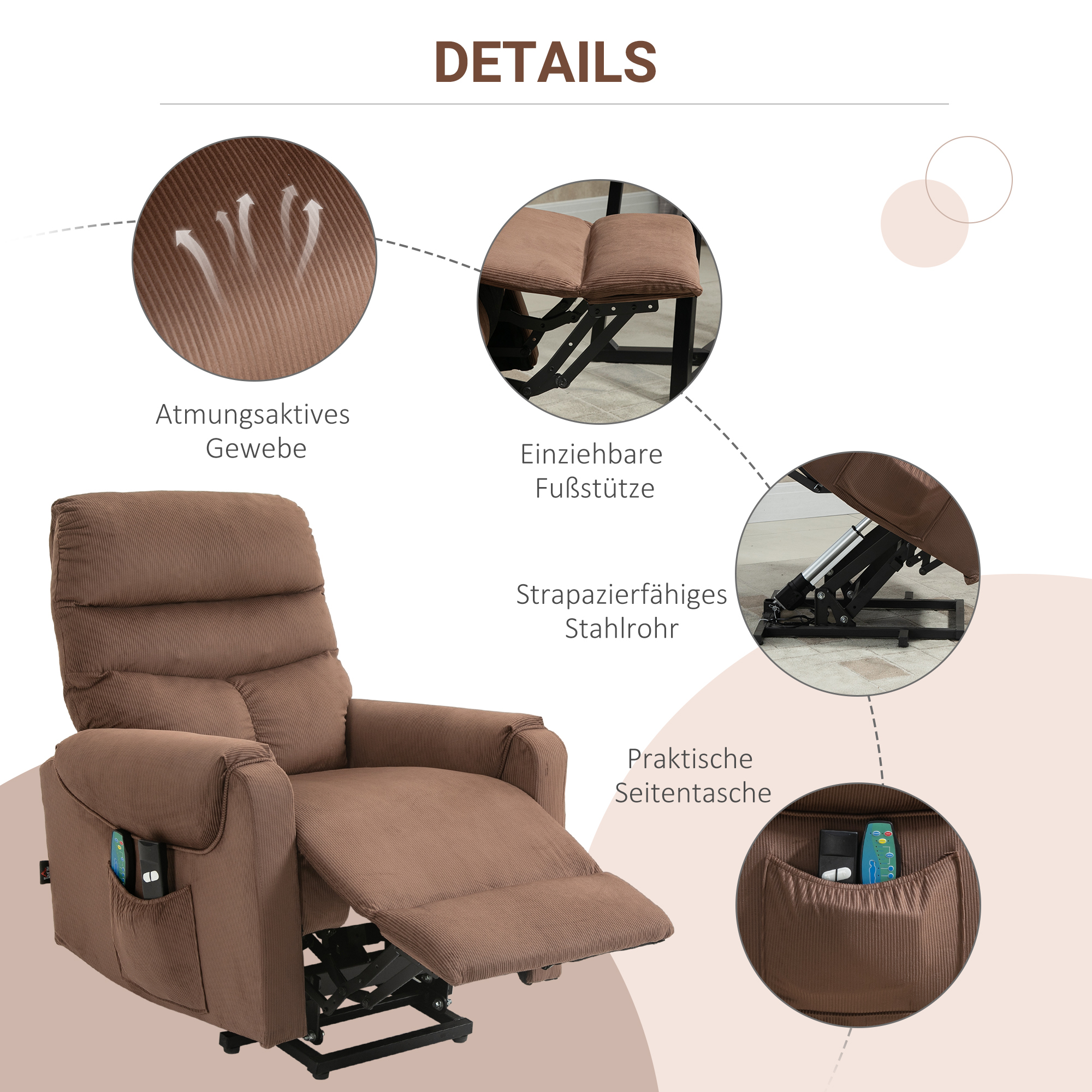 HOMCOM tv-stoel met massagefunctie opstahulp afstandsbediening, verwarming elektrisch ligfunctie polyester stof metaal lichtbruin 79 x 97 x 103 cm