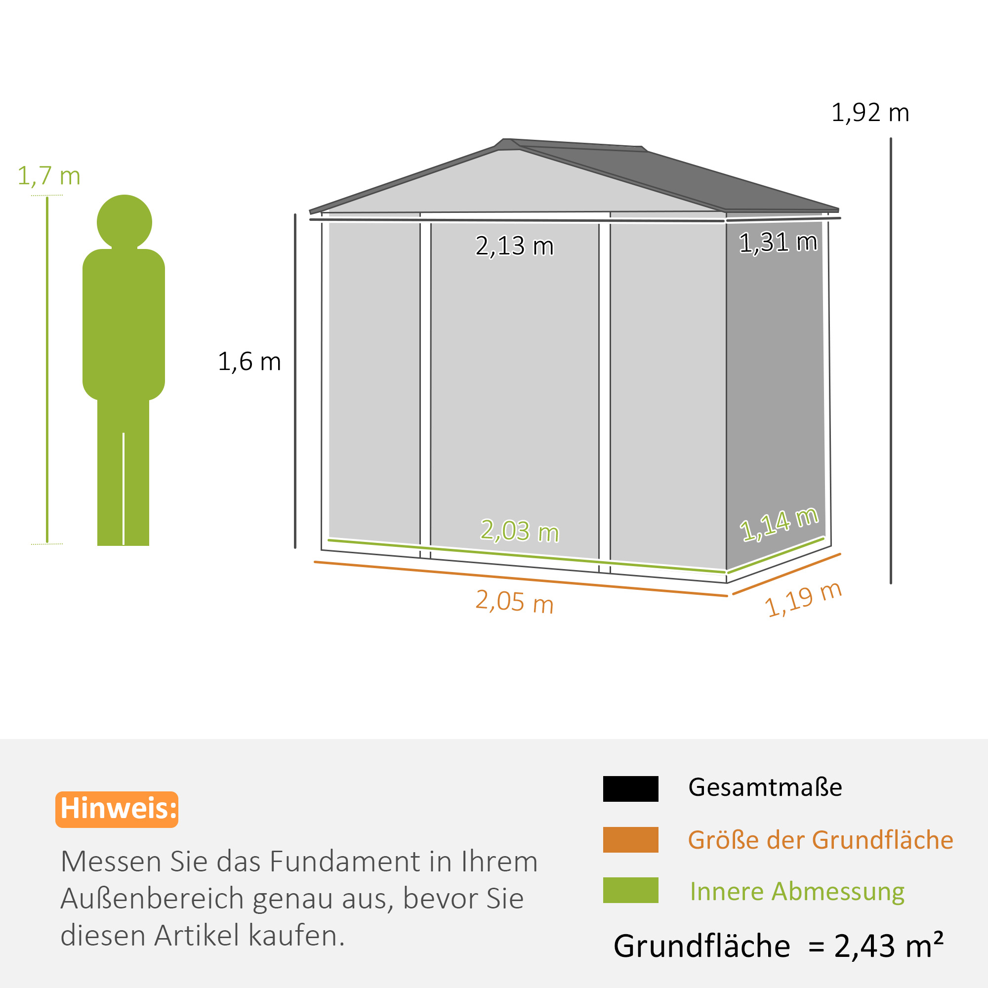 Outsunny 2,1 x 1,3 m Tuinschuur, Gereedschapsschuur van Staal, Afsluitbare Deuren, 4 Ventilatieopeningen, Grijs