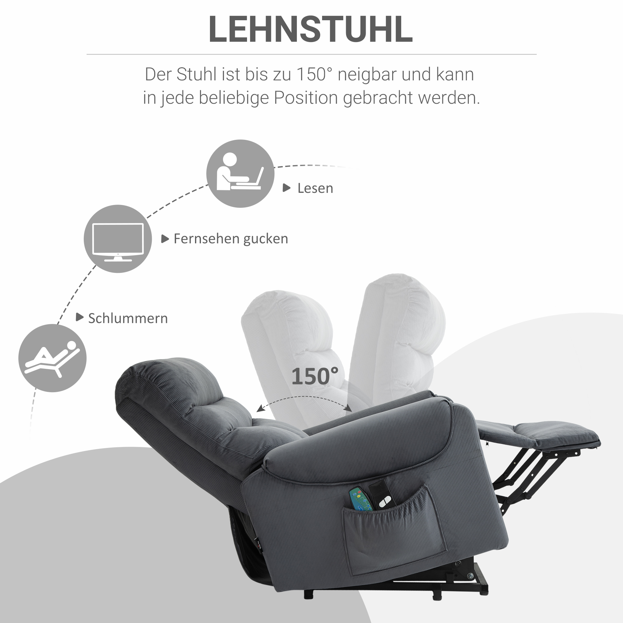 HOMCOM tv-stoel met massagefunctie opstahulp afstandsbediening, verwarming elektrisch ligfunctie polyester stof metaal donkergrijs 79 x 97 x 103 cm