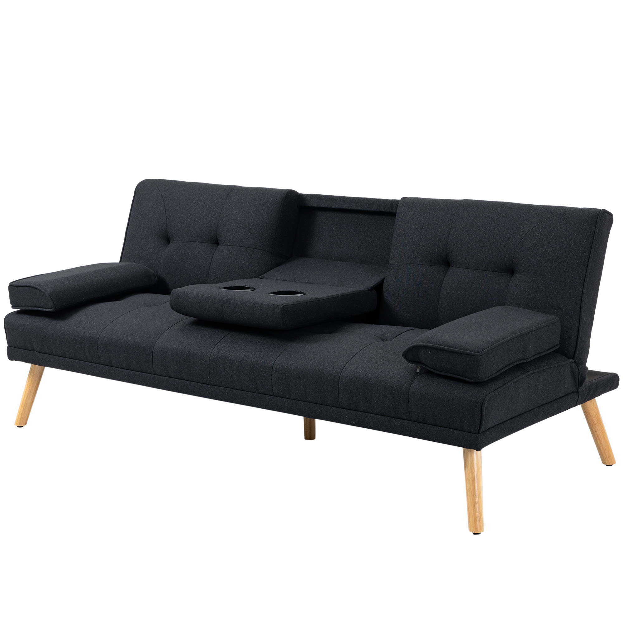 HOMCOM Slaapbank, Logeerbed, Verstelbare Rugleuning, Opklapbare Tafel, 181x77x78 cm, Grijs/Hout