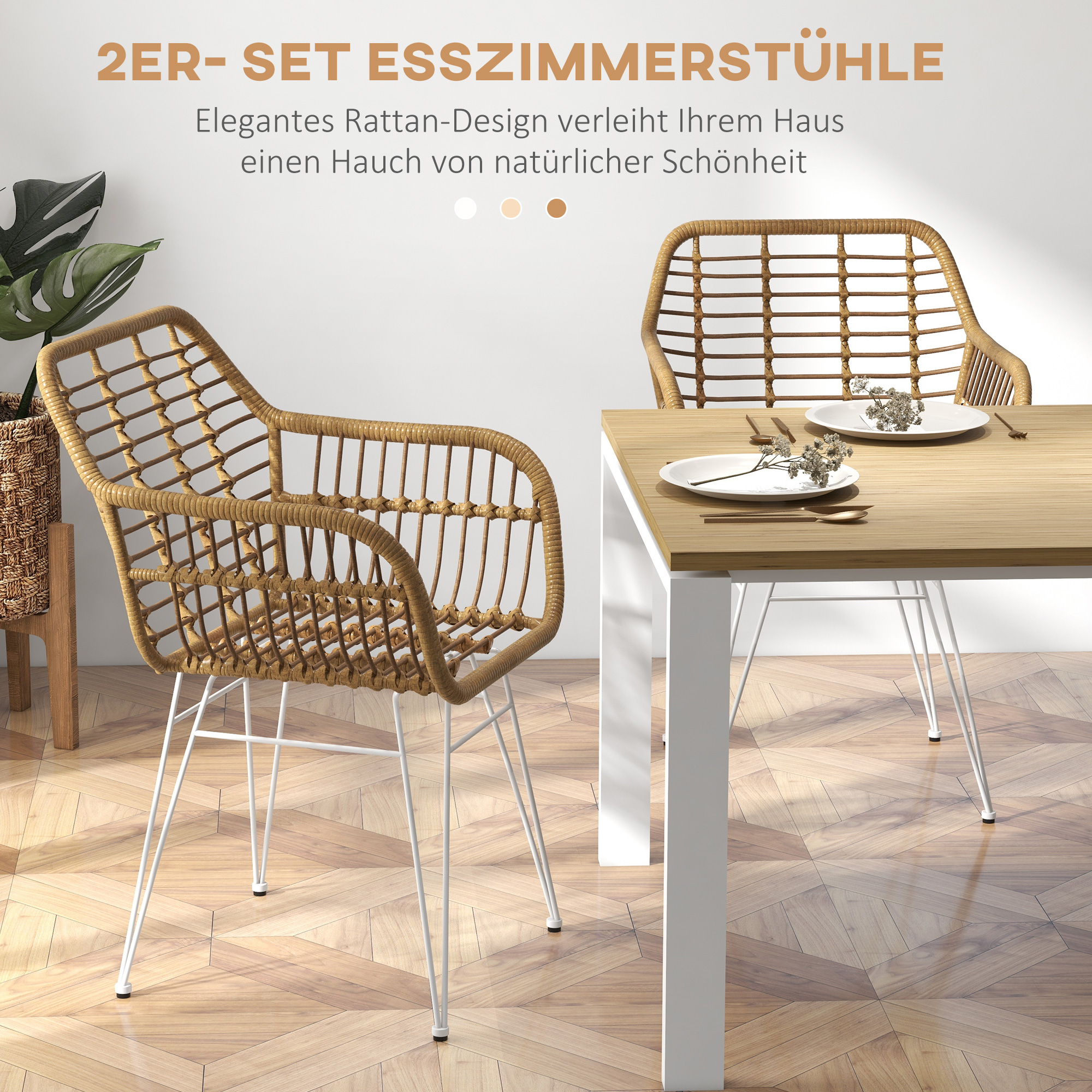 HOMCOM 2-delige set stoelen in Boho-stijl, keukenstoelen, PE-Rattan, 56 x 60 x 79 cm, Natuur + Wit