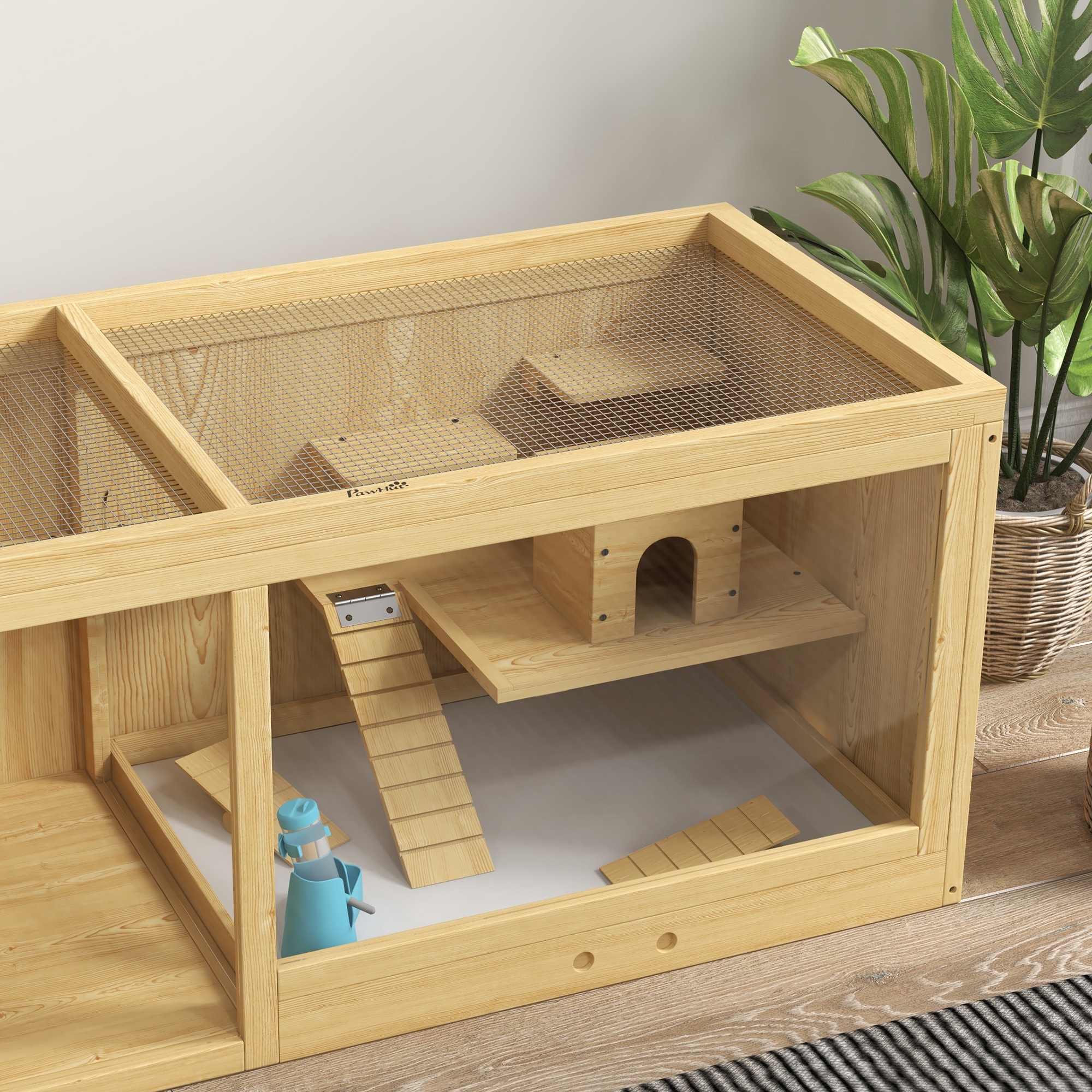 PawHut Knaagdierkooi, Sparrenhout, inclusief accessoires en drinkfles, 100 x 50 x 50 cm, Natuurlijk