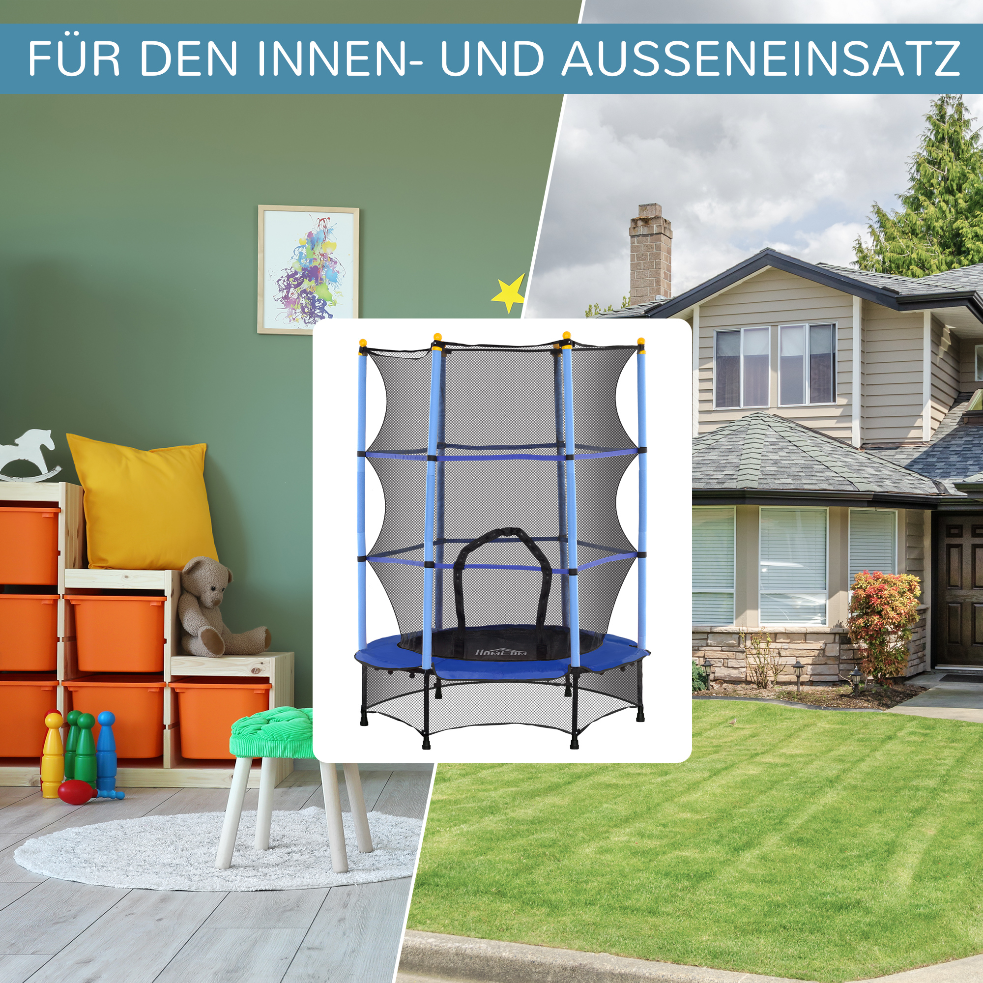 HOMCOM Kindertrampoline, Ø140 cm, met Veiligheidsnet, Binnen en Buiten, Staal, Kunststof, Tot 50 kg Belastbaar, Blauw