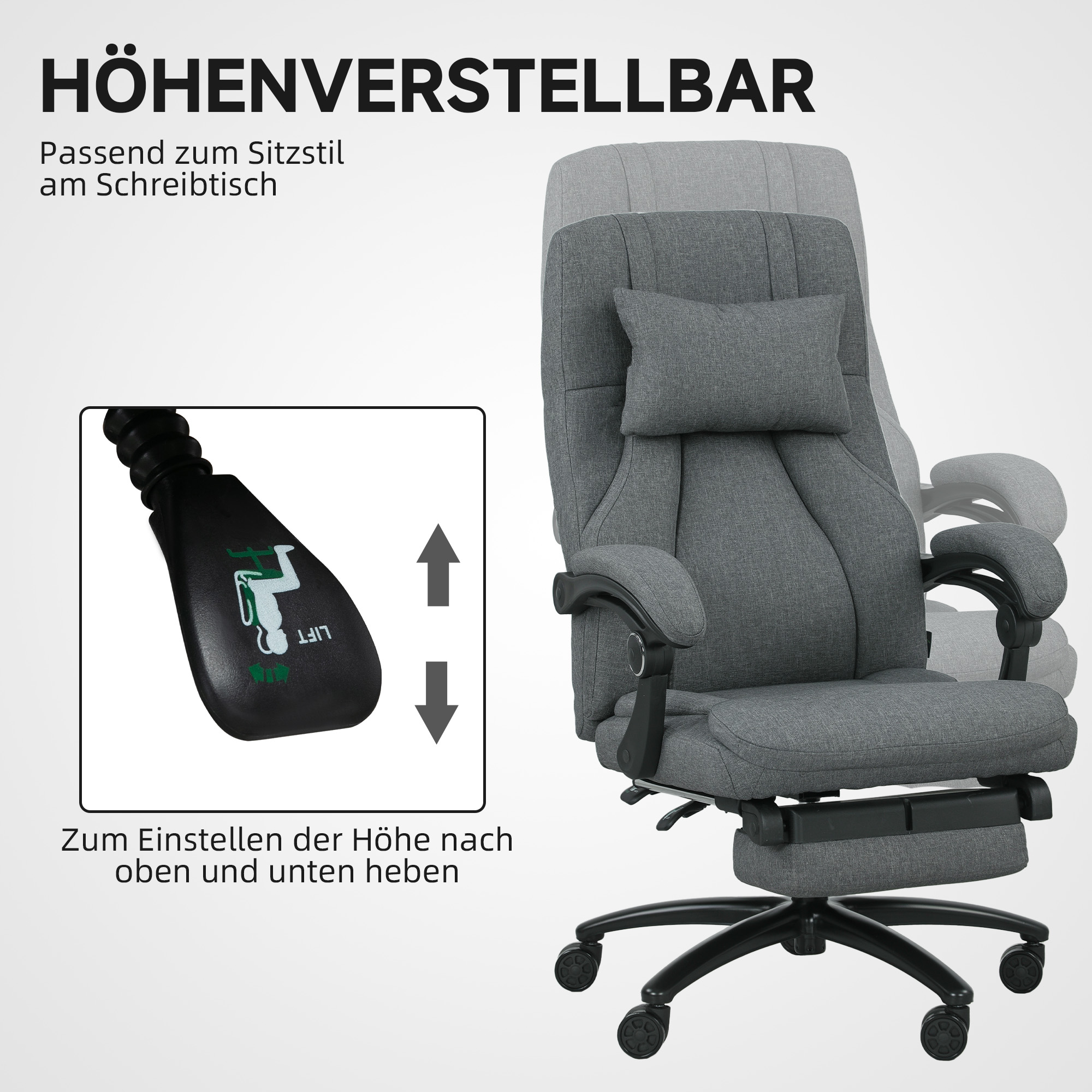 Vinsetto Massagewerkstoel, USB-aansluiting, draaibare wielen, Donkergrijs