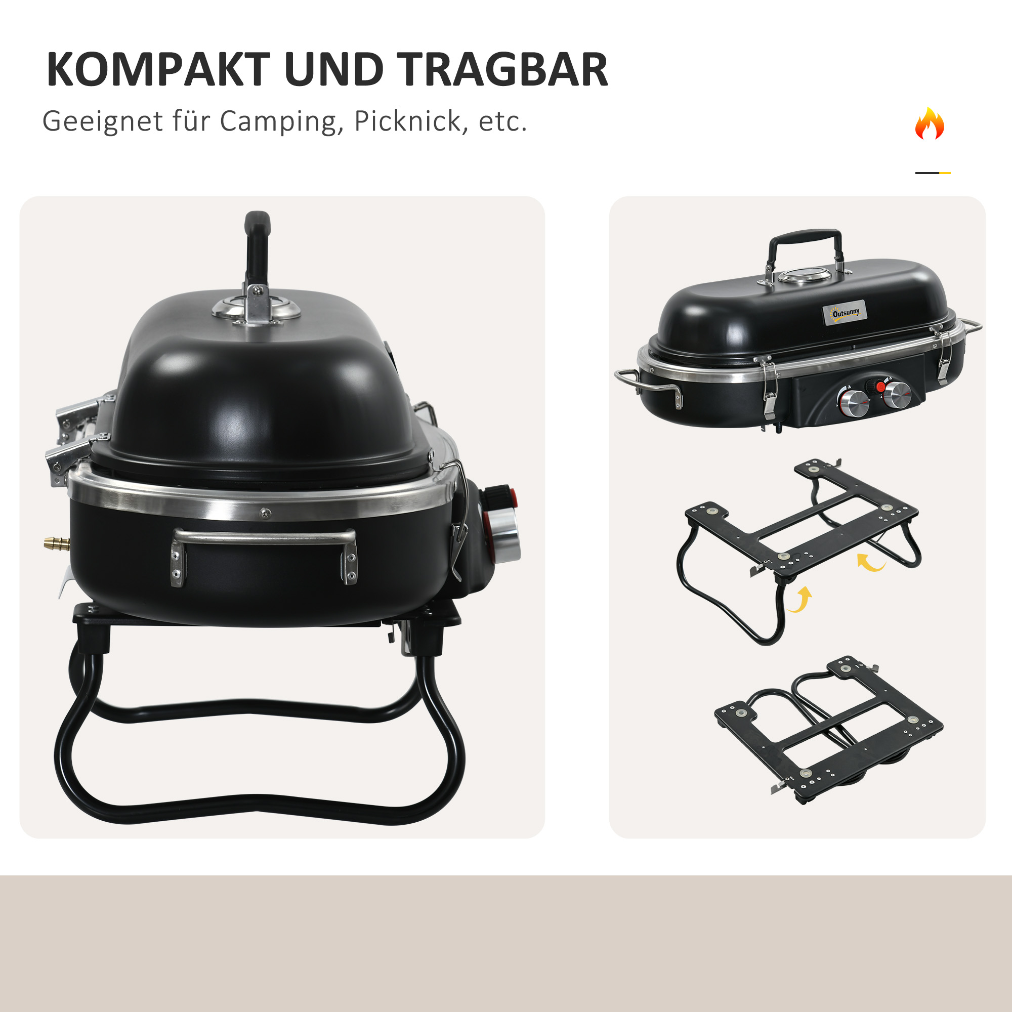 Outsunny Gasbarbecue 2,34 KW Opvouwbaar BBQ Tuinbarbecue incl 2 Roestvrijstalen Branders Drukverminderaar 66 x 34,5 x 37 cm Zwart
