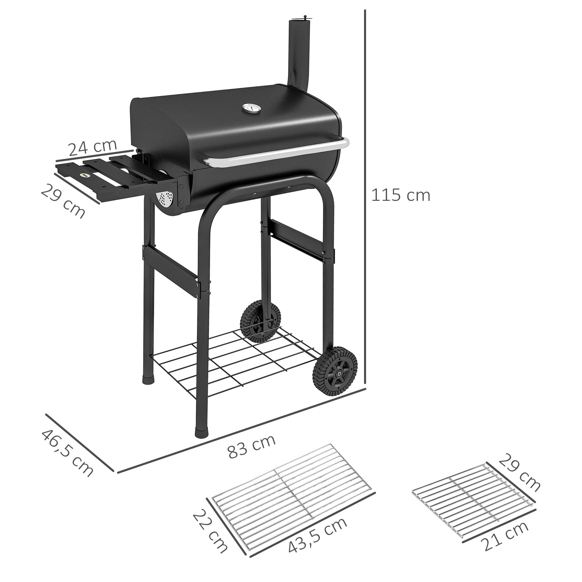 Outsunny Houtskoolgrill Smoker BBQ-Grill, 1 Plank, inclusief Thermometer, 83 x 46,5 x 115 cm, Zwart
