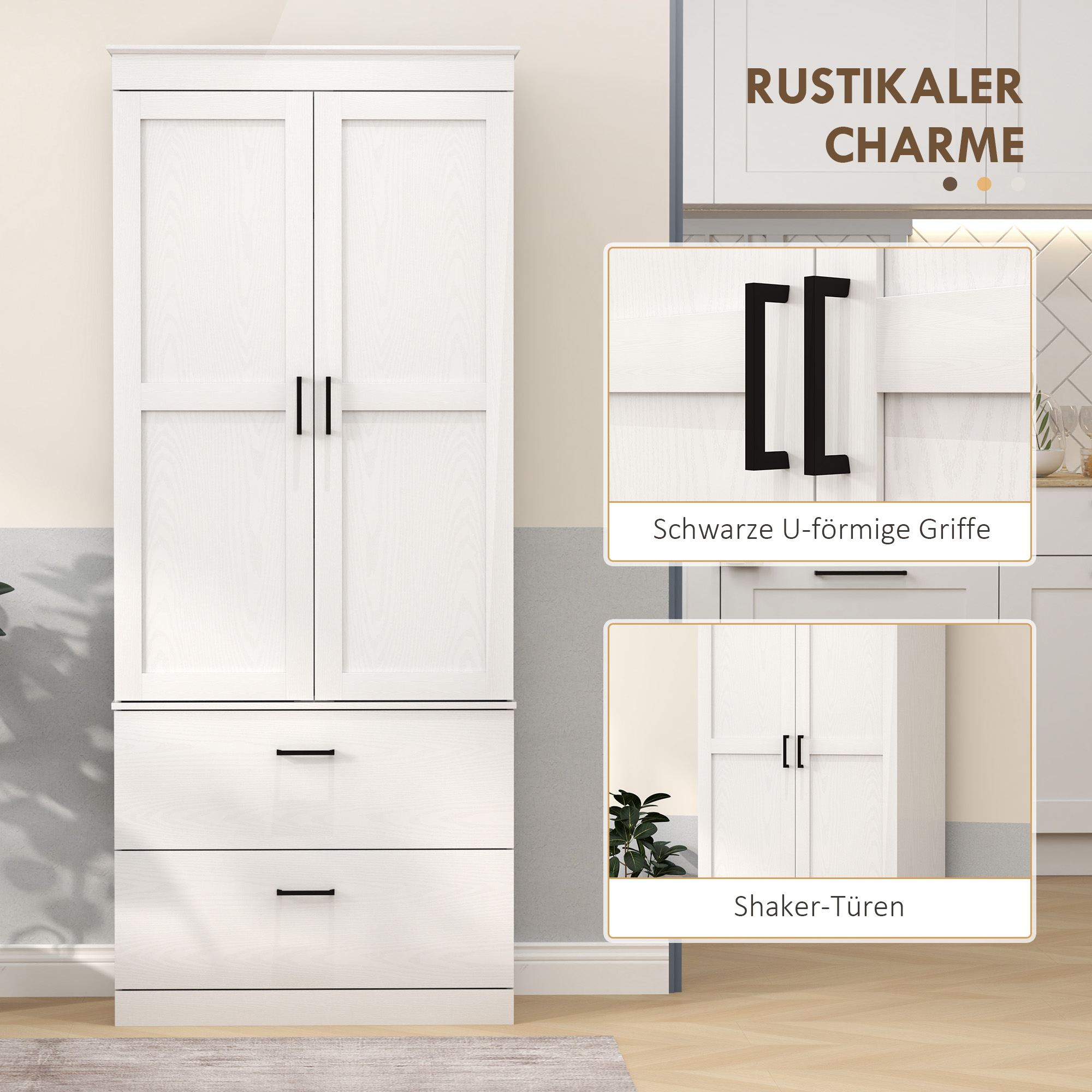 HOMCOM Vrijstaande Keukenkast met Verstelbare Schappen en Twee Brede Laden voor Woonkamer, Keuken, Wit