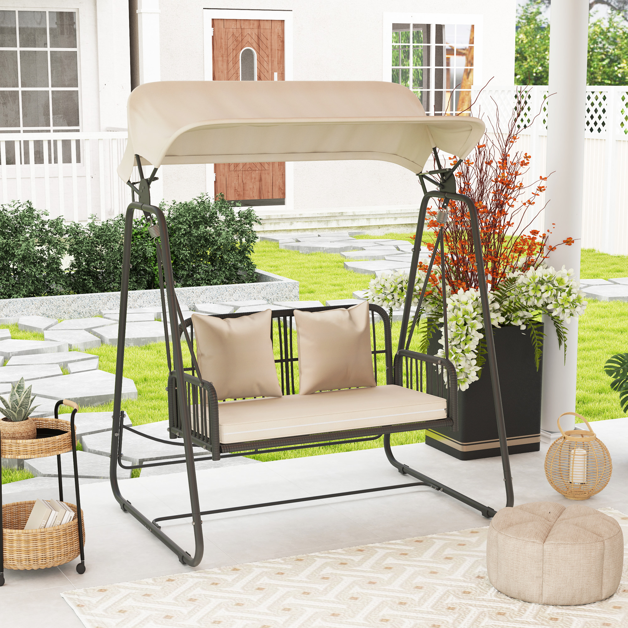 Outsunny Rattan Hollywoodschommel voor 2 Personen met Zonnedak en Kussens, Belastbaar tot 240 kg, 149 x 121 x 180 cm, Khaki