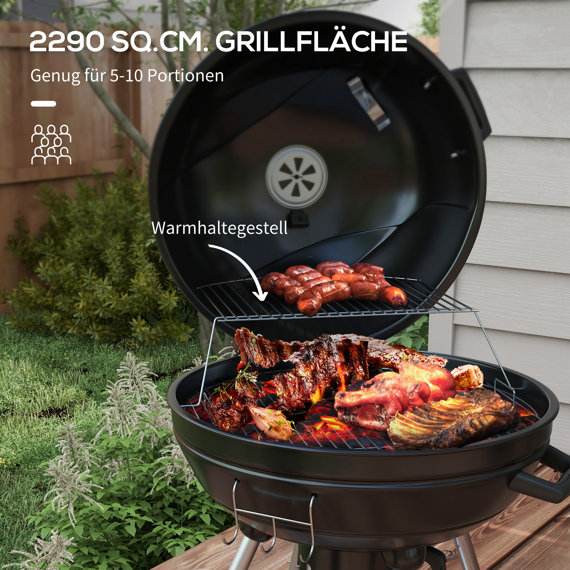 Outsunny Kogelbarbecue, Ø54 cm grillrooster, warmhoudrooster, opbergplank, aslade, thermometer, 55 x 65 x 89 cm, zwart
