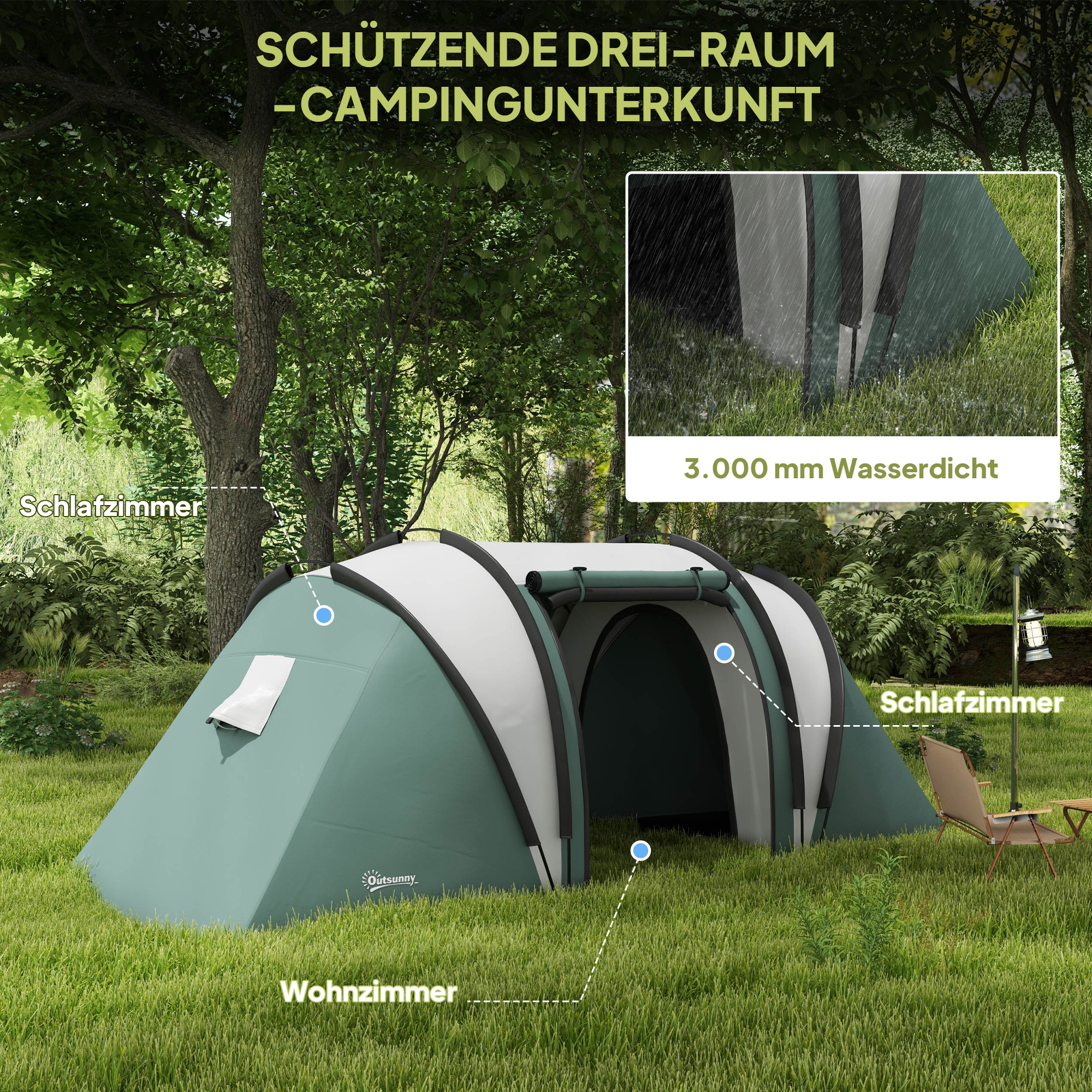 Outsunny Lichtgewicht Waterafstotende Campingtent voor 4-5 Personen met 3 Kamers, Zijdeur en Ramen in Donkergroen