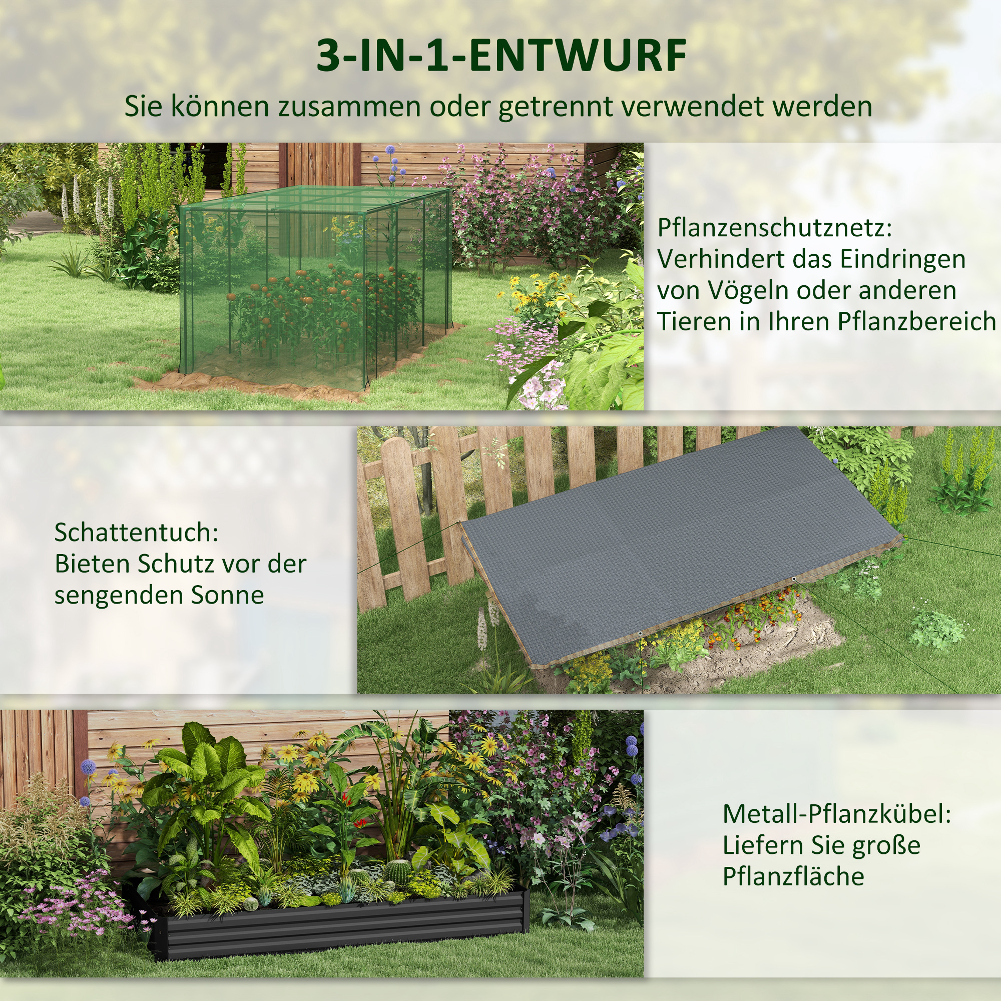 Outsunny Hoge plantenbak met vogelnet en zonnescherm, metalen behuizing, 230x110x110 cm, Grijs/Groen/Zwart