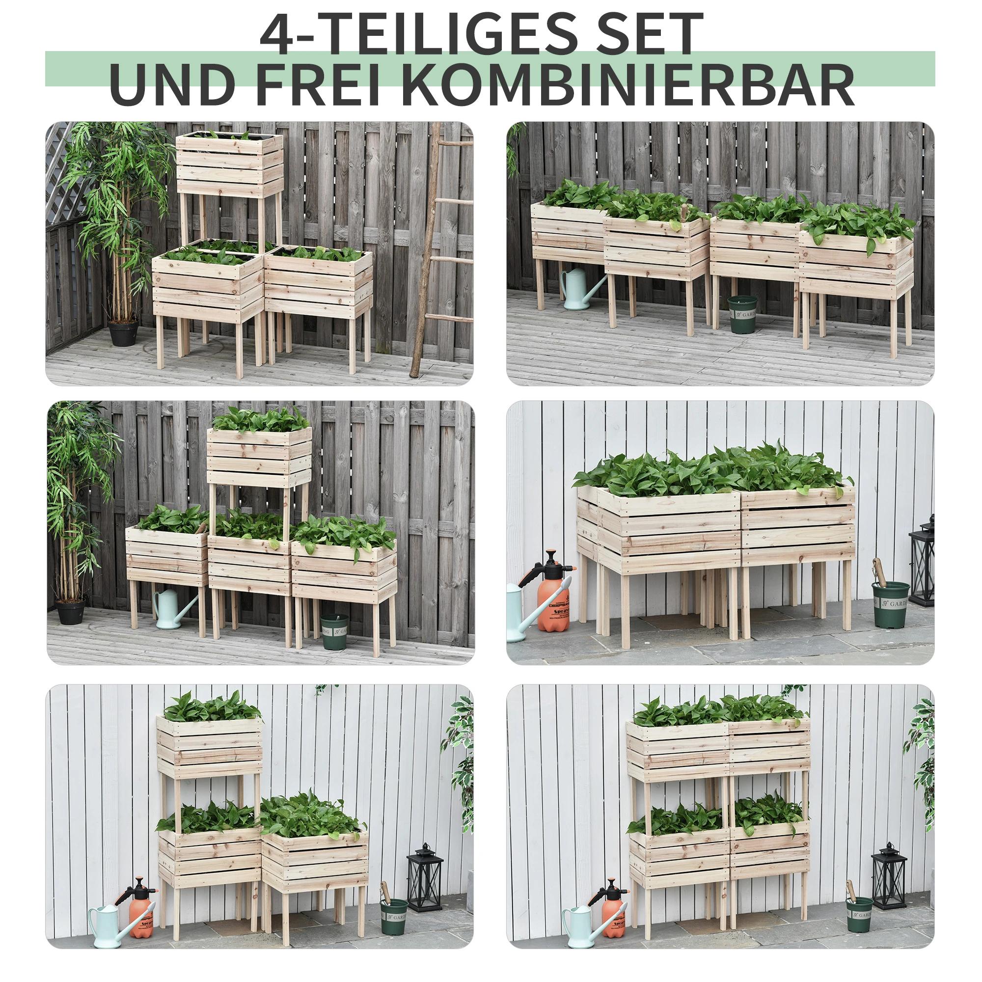 4-delig verhoogd bloemenbed van hout 4 combinatiemodi tuinbalkon 50 x 30 x 60 cm naturel