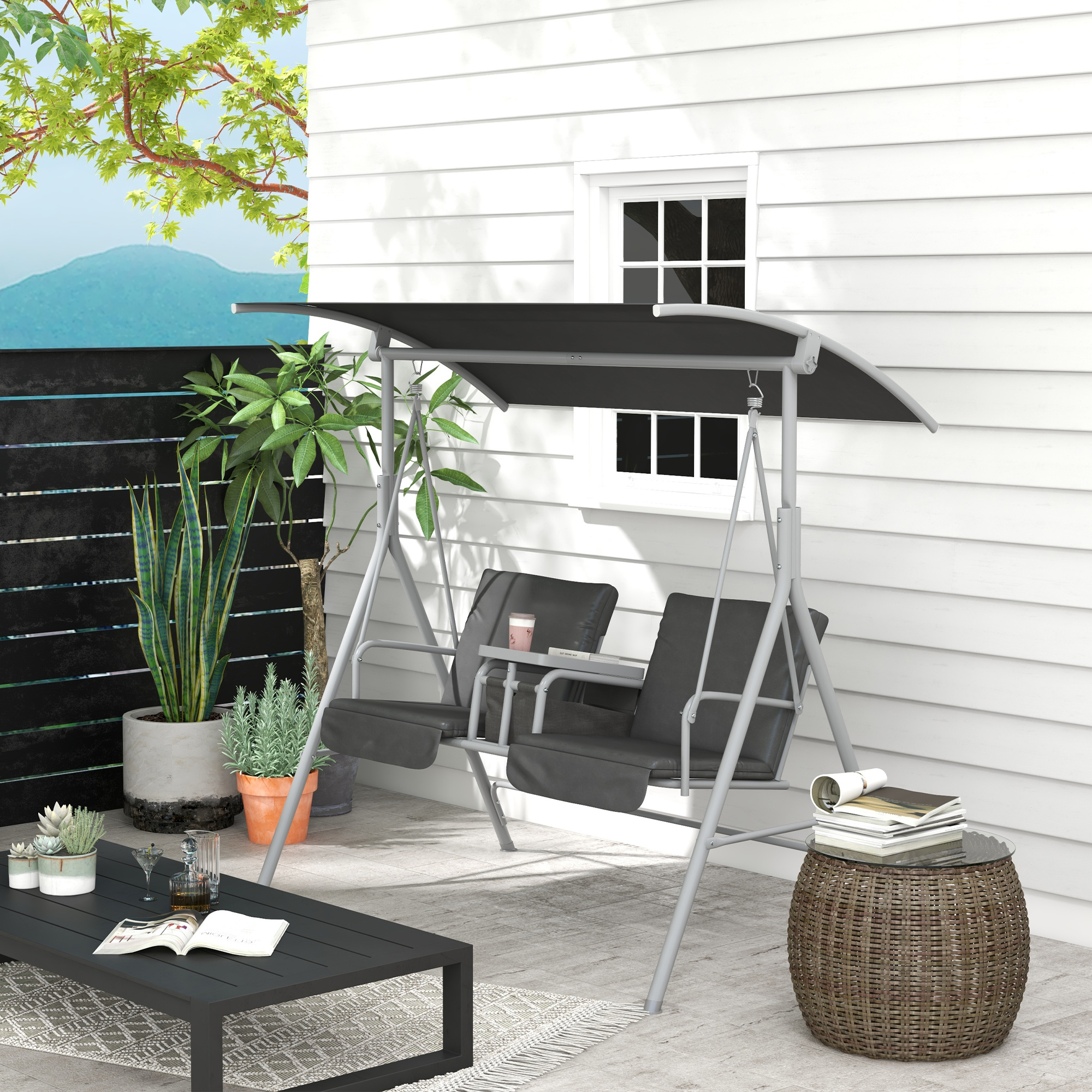 Outsunny Hollywoodschommel, 2-zits, met Dak en Tafel, Metalen Frame, Tot 180 kg, 175x110x165 cm, Zwart