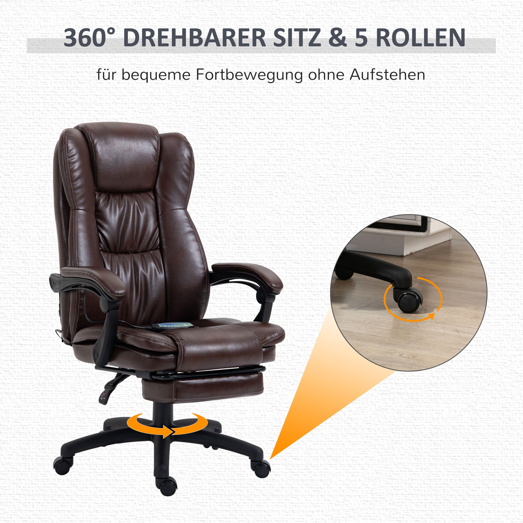 Vinsetto bureaustoel stoel directiestoel draaibare stoel met massagefunctie ligfunctie kunstleer schuimstof PP kunststof nylon bruin 68,5 x 68,5 x 119-127 cm