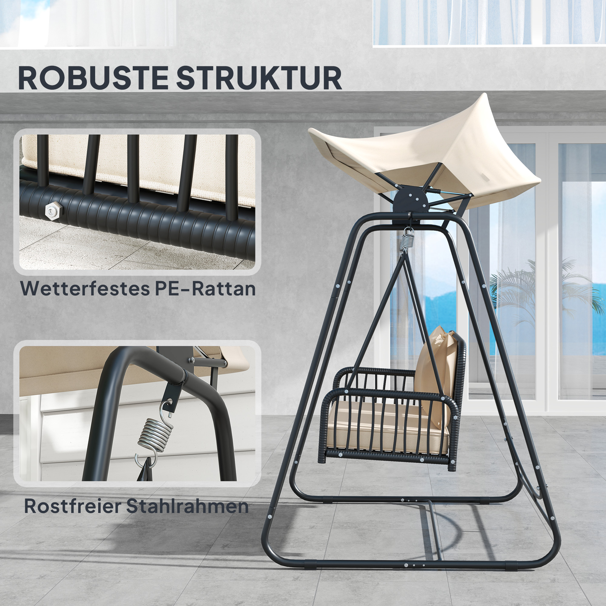 Outsunny Rattan Hollywoodschommel voor 2 Personen met Zonnedak en Kussens, Belastbaar tot 240 kg, 149 x 121 x 180 cm, Khaki