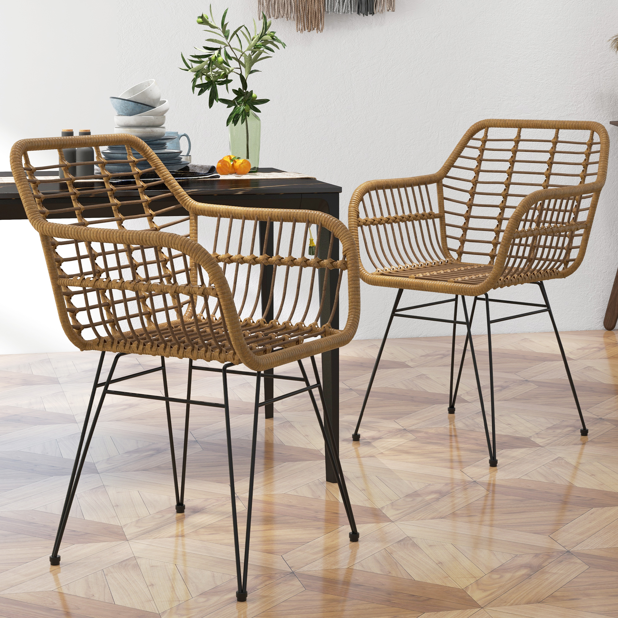 HOMCOM Set van 2 Boho-Stijl Stoelen, Keukenstoelen, PE-Rattan, 56 x 60 x 79 cm, Natuurlijk + Zwart
