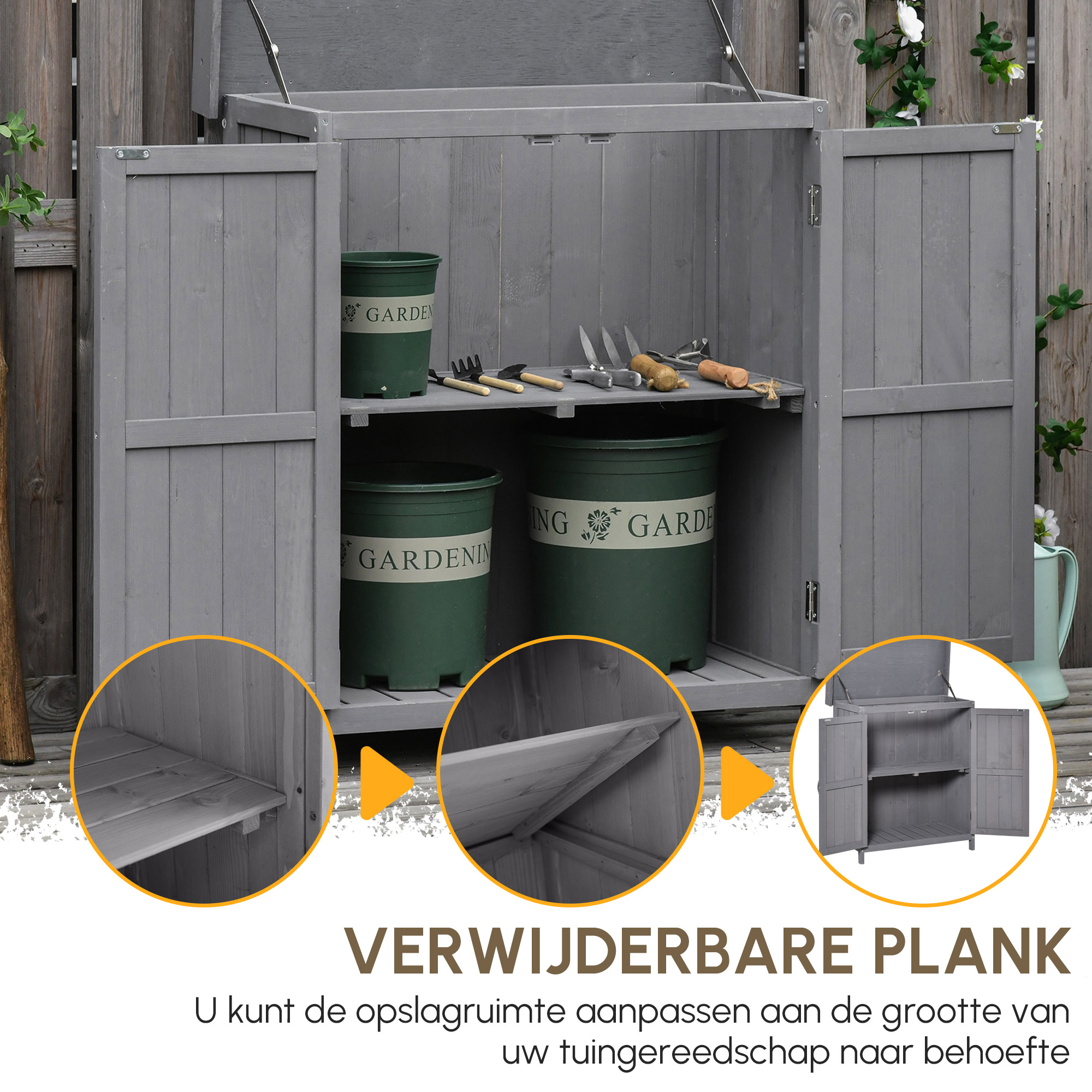 Outsunny Apparatuurkast, dubbele deur, klapdeksel, 2 planken, weerbestendig, natuurlijk hout, grijs, 74 x 43 x 88 cm
