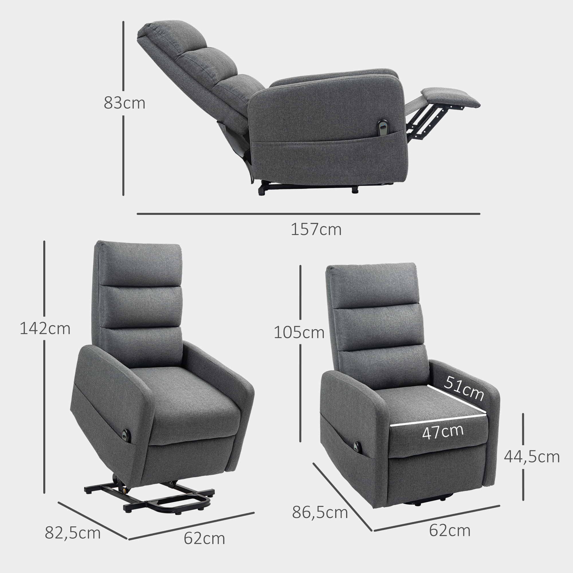 HOMCOM Elektrische Relaxstoel met Opstaanhulp, Afstandsbediening, Zacht Schuim, Zijvak, Bekleding in Linnenlook, Grijs