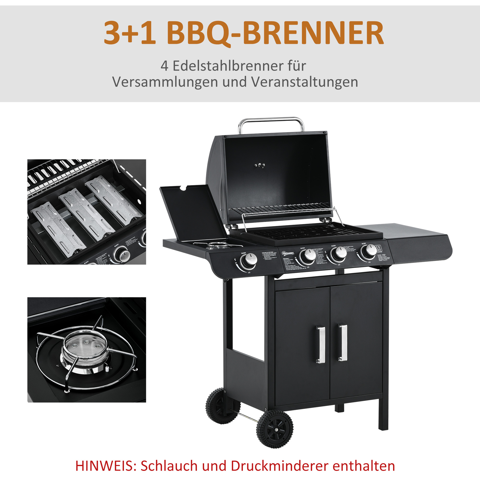 Outsunny gasgrill BBQ met 4 branders metaal zwart 110 x 50 x 100 cm