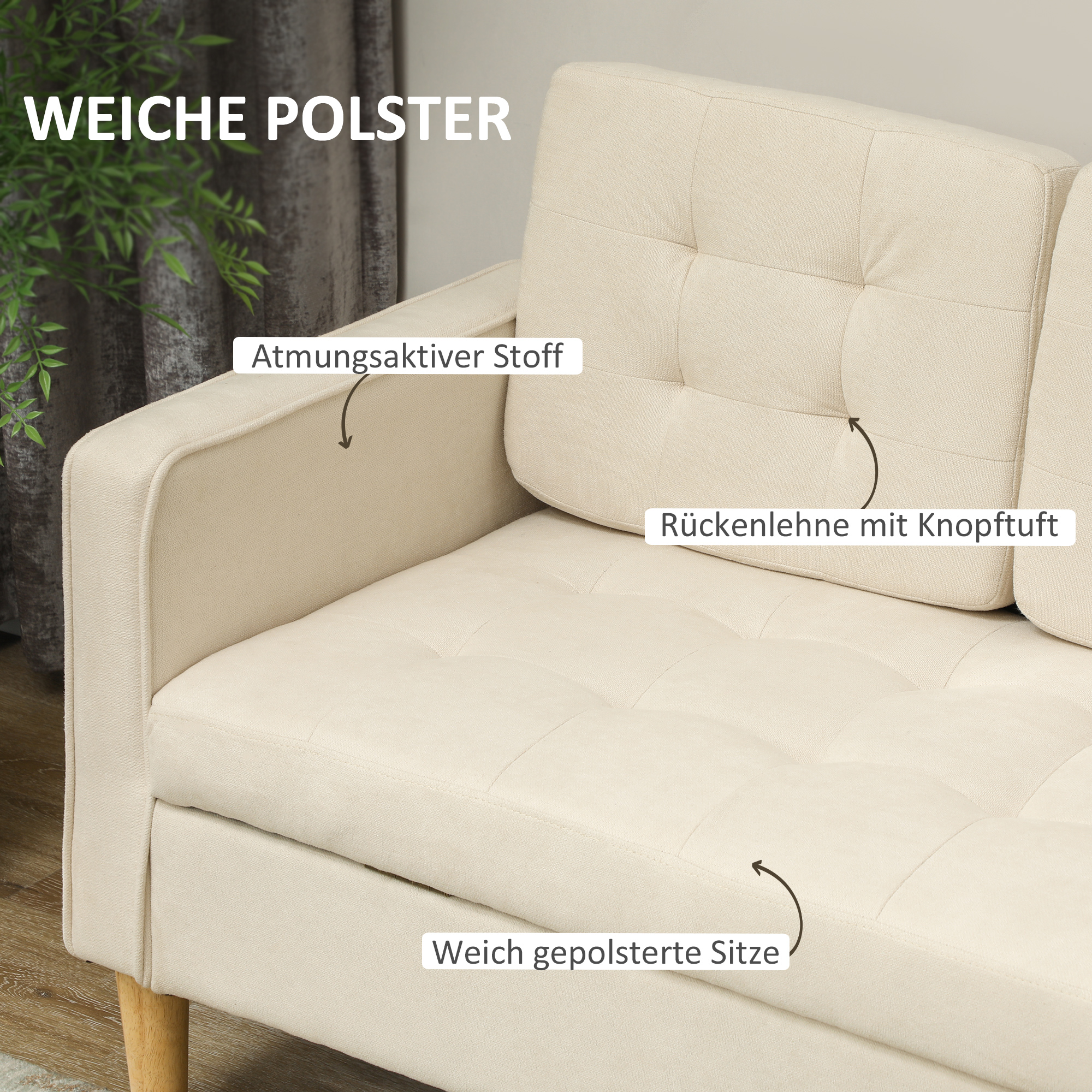 HOMCOM 3-Zits Sofa met Opbergruimte, Knoopstiksel, Gepolsterde Bank, 166,5 x 62 x 82 cm, Crèmewit