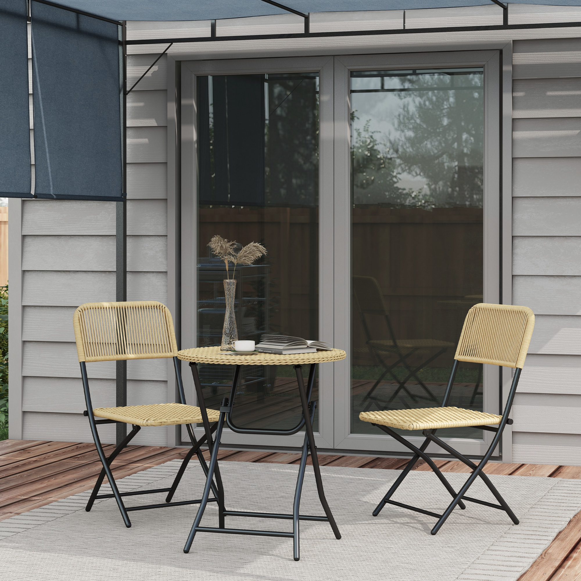 Outsunny Bistroset in Rattanlook, 2 stoelen met ronde tafel, inklapbaar, stalen frame, geel