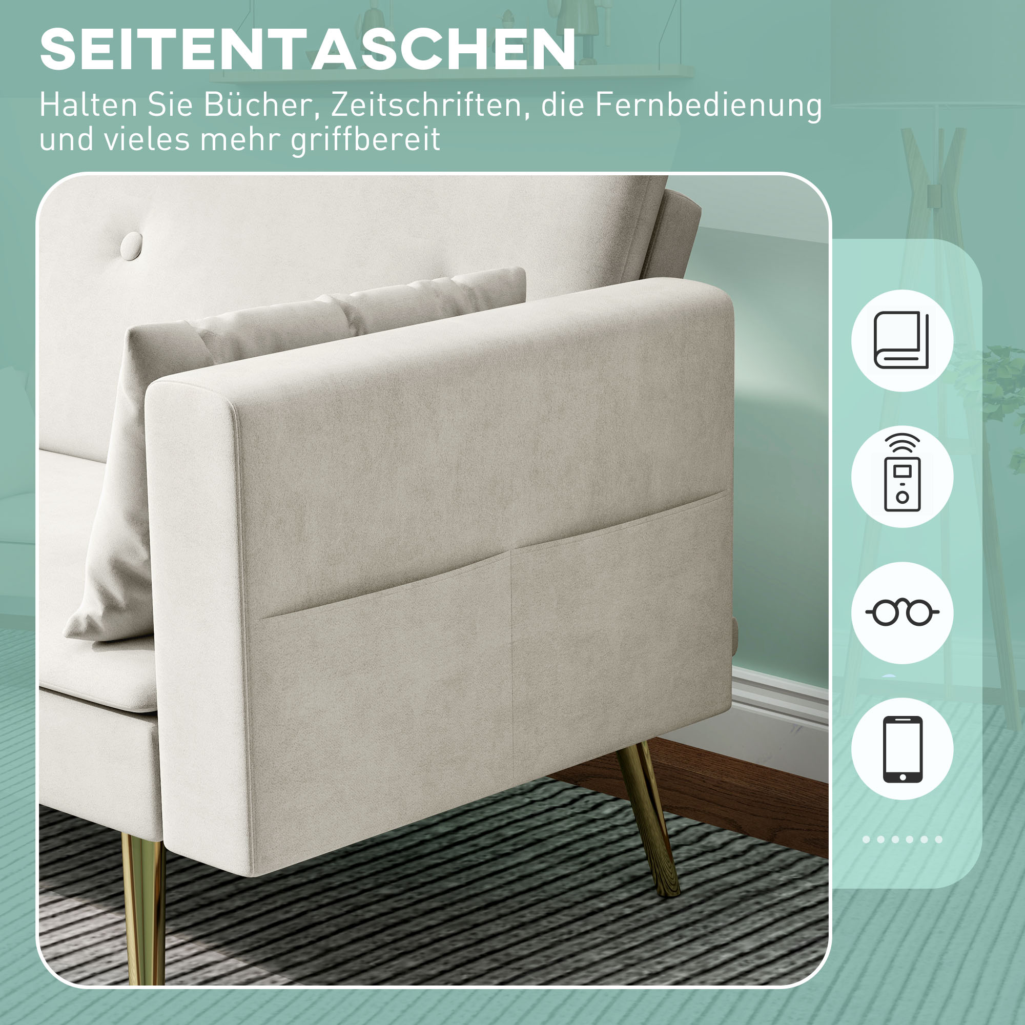 HOMCOM Tweezits Bedbank, Verstelbare Rugleuning, Zachte Kussens, Fluweelachtige Bekleding, voor Woonkamer, Gastenkamer, Beige