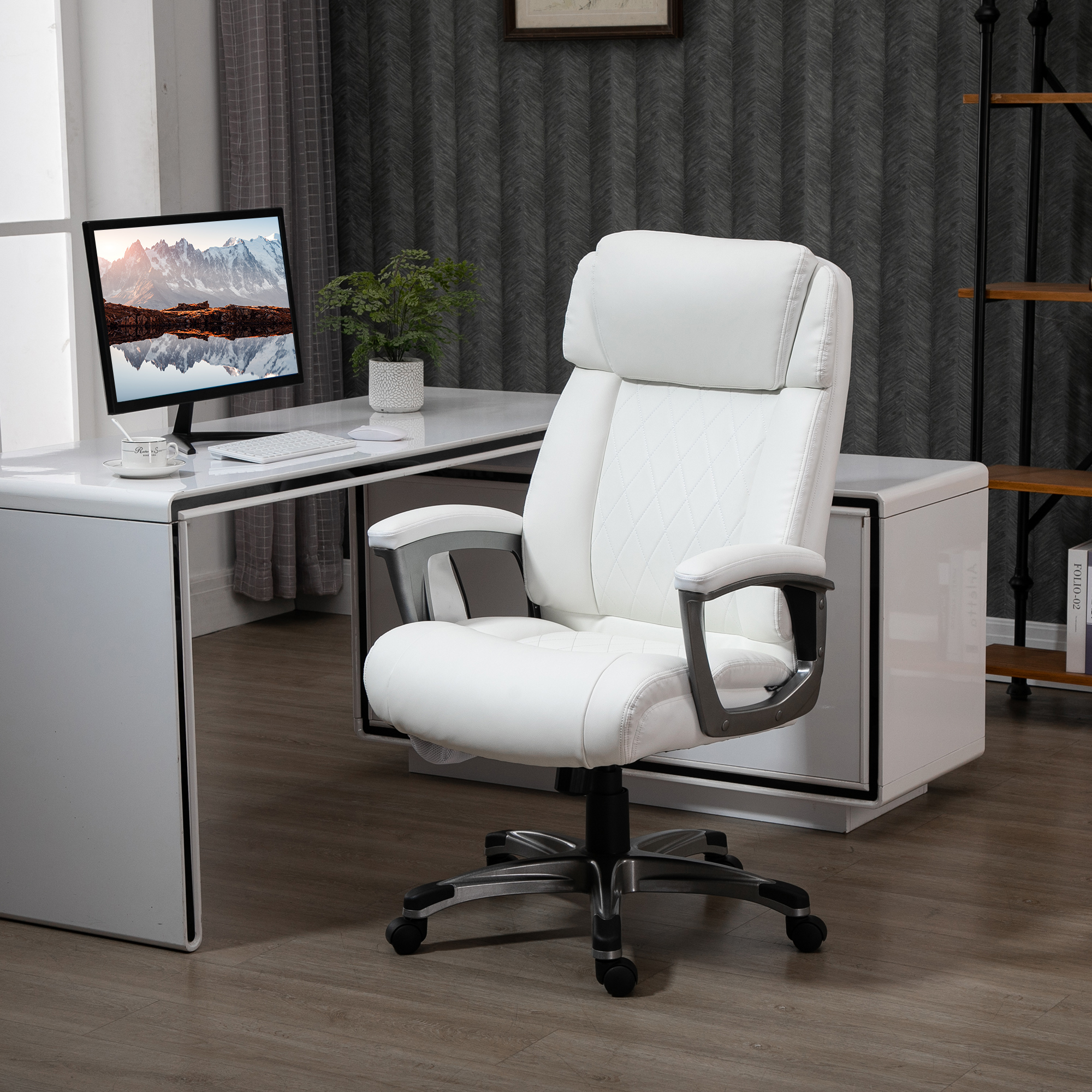 Vinsetto massage bureaustoel 6-punts draaibare massagestoel gemaakt van kunstleer met gebogen hoofdsteun en armsteun wit 70 b x 76,5 d x 114-124 h cm