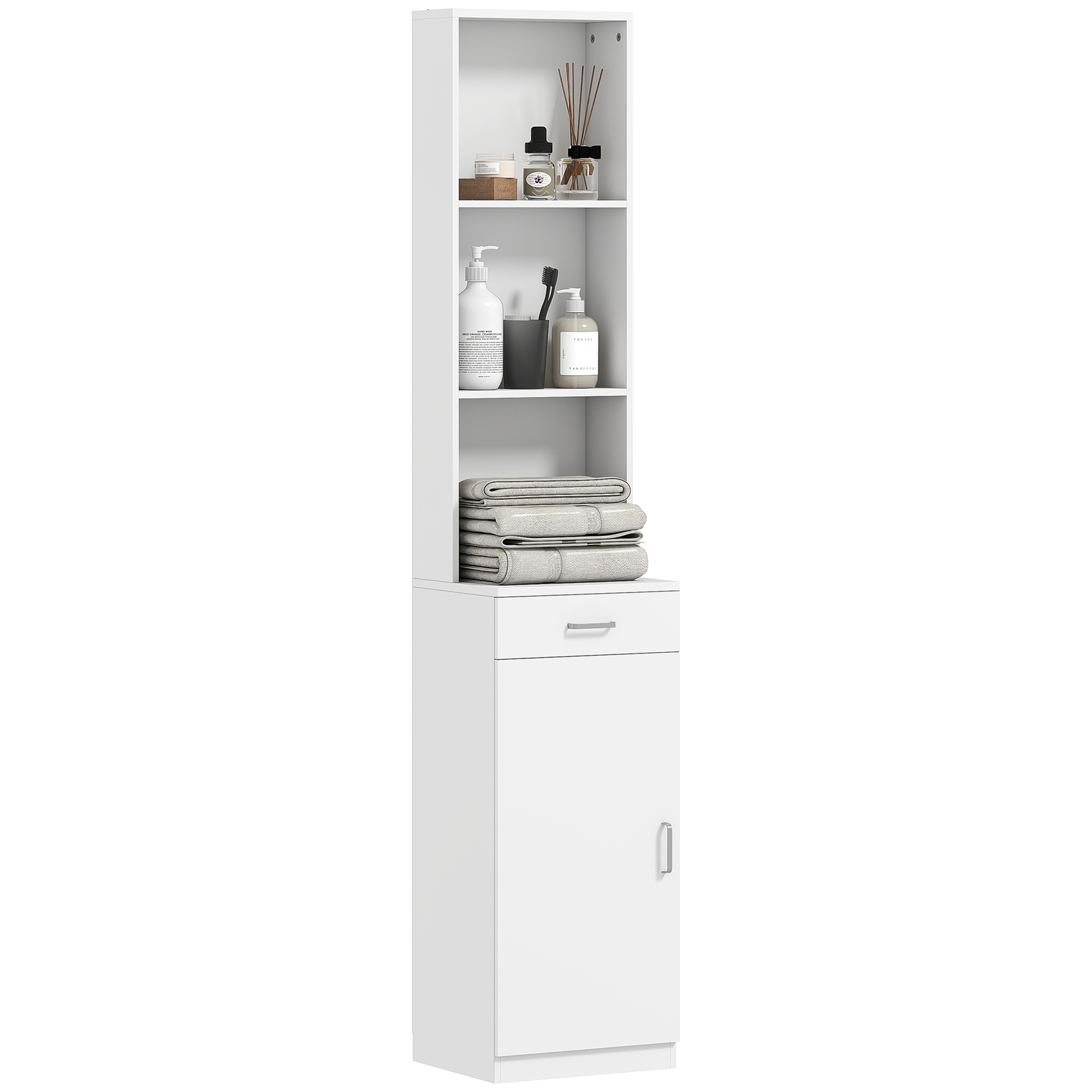 HOMCOM Hoge Badkamerkast, Smal Ontwerp, Lade, Schappen, Kast, Spaanplaat, Wit