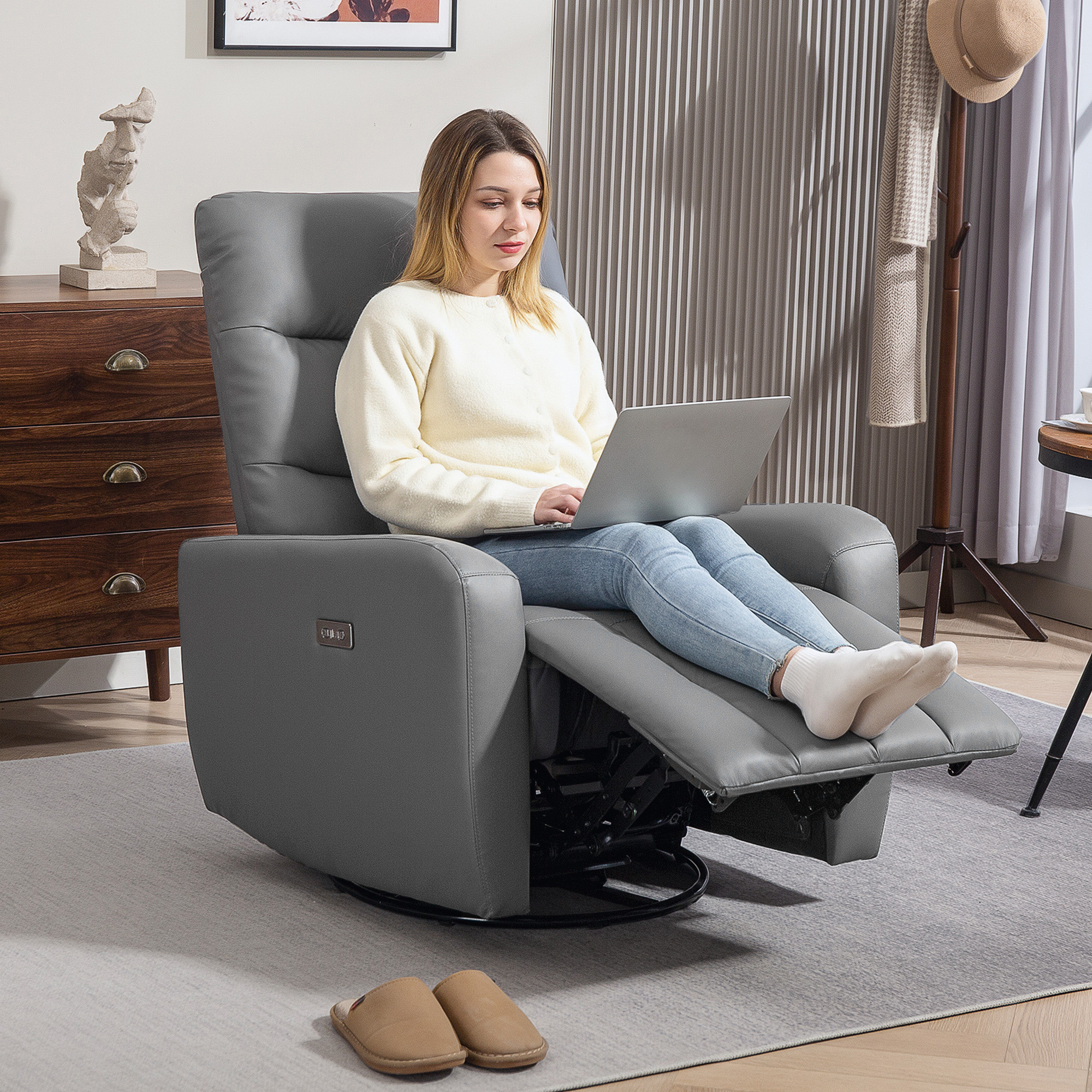 HOMCOM Relaxfauteuil, Gestoffeerde Stoel met Ligfunctie, Afstandsbediening, USB-aansluiting, Grijs