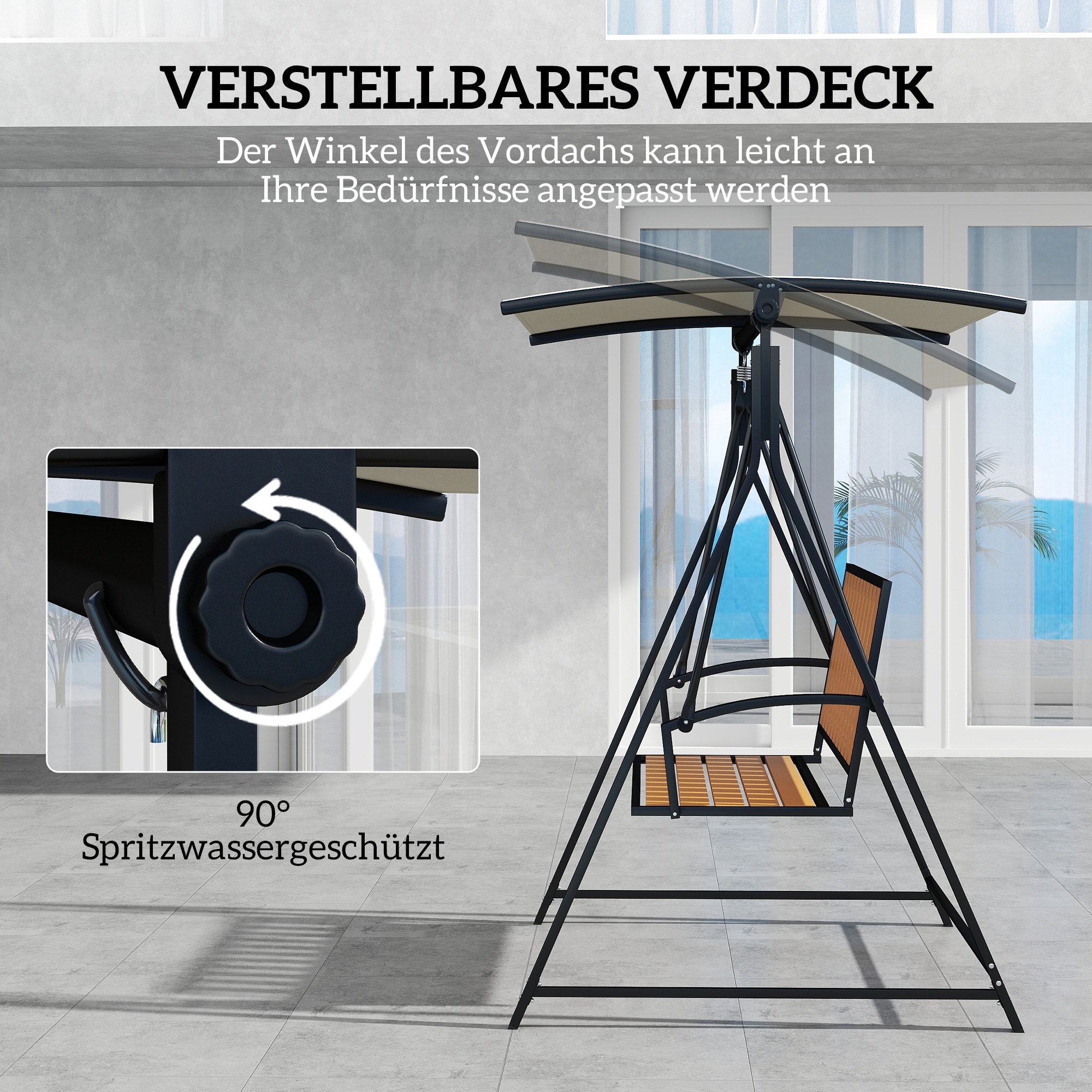 Outsunny Hollywoodschommel met verstelbaar zonnescherm, 2-zits Tuinschommel 142 x 112 x 162cm, Zwart