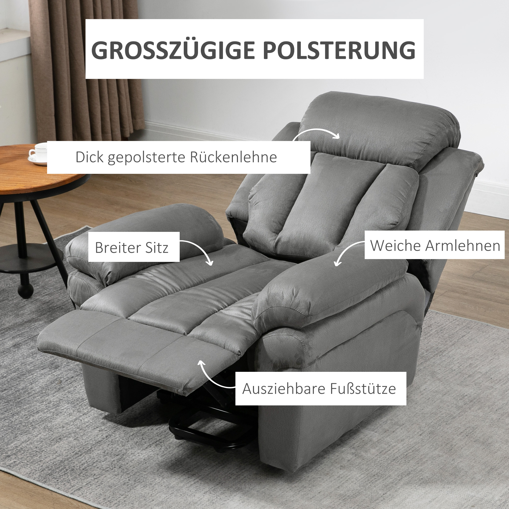 HOMCOM TV-stoel met opsta-hulp, relaxstoel met uitklapbare voetensteun, inclusief afstandsbediening, grijs