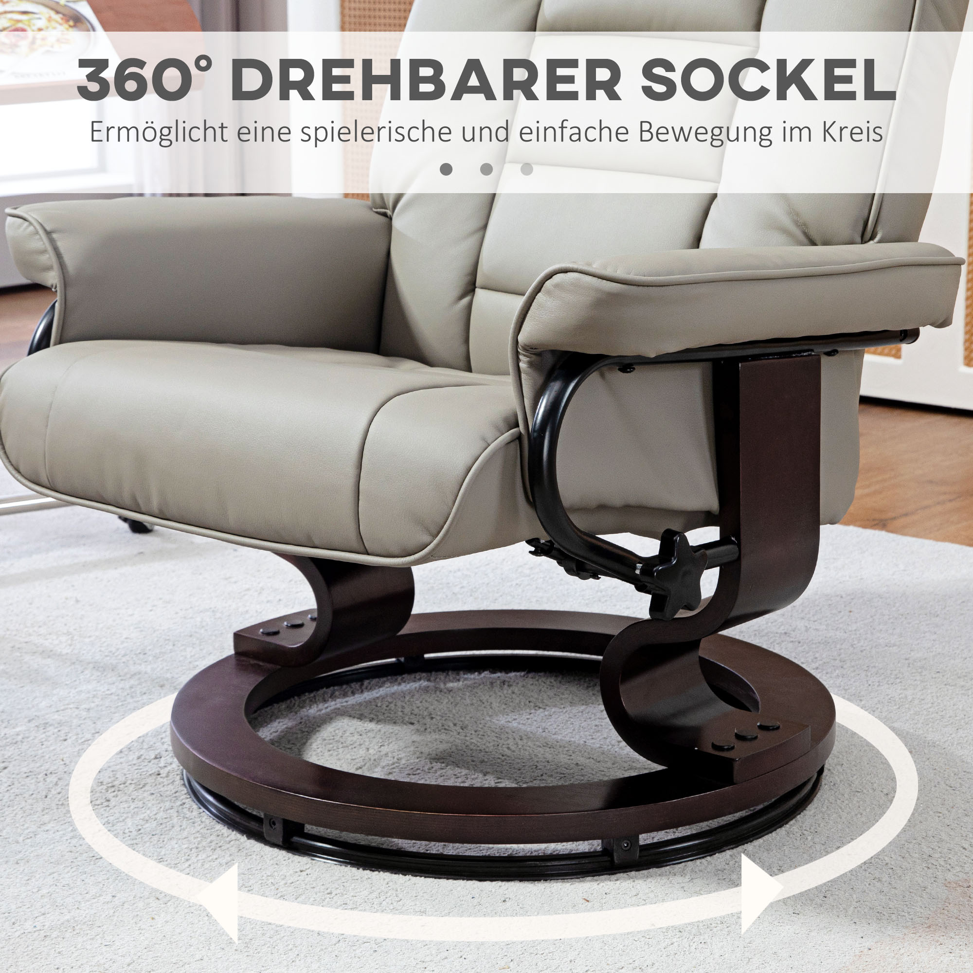 HOMCOM Relaxfauteuil met Voetenbankje, Draaibaar & Kantelbaar, Kunstlederen Bekleding, tot 150 kg, Houten Frame, Grijs