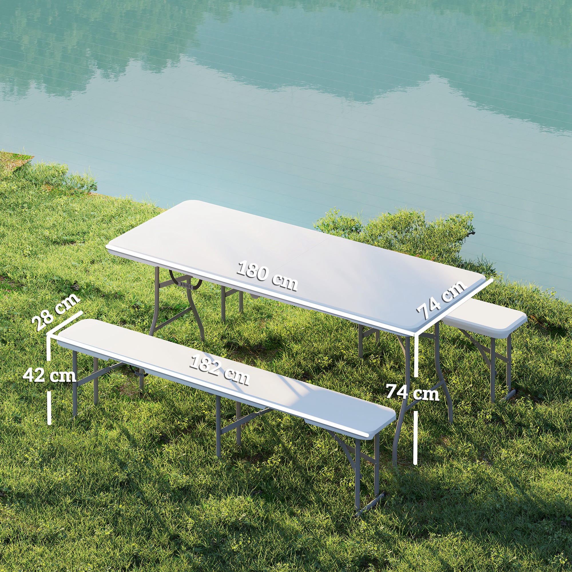 Outsunny 3-delig Picknicktafelset, 1 Tafel, 2 Banken, Opvouwbare Campingtafel met Draaghandvatten, Kunststof, Metaal, Wit