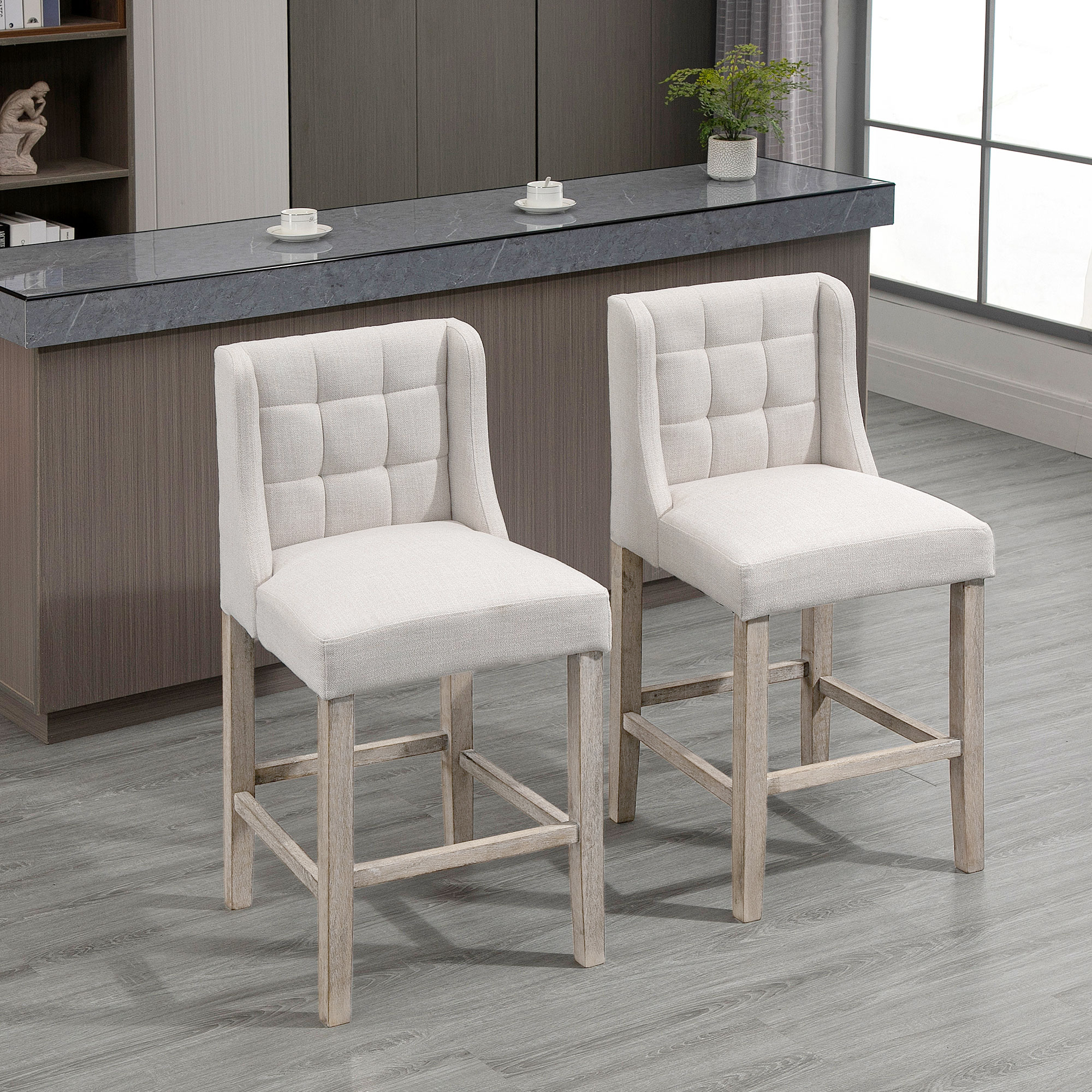 HOMCOM set van 2 barkrukken moderne keukenstoelen barkrukken voor keuken met lage rugleuning linnen touch rubberhout beige 47 x 50 x 101 cm
