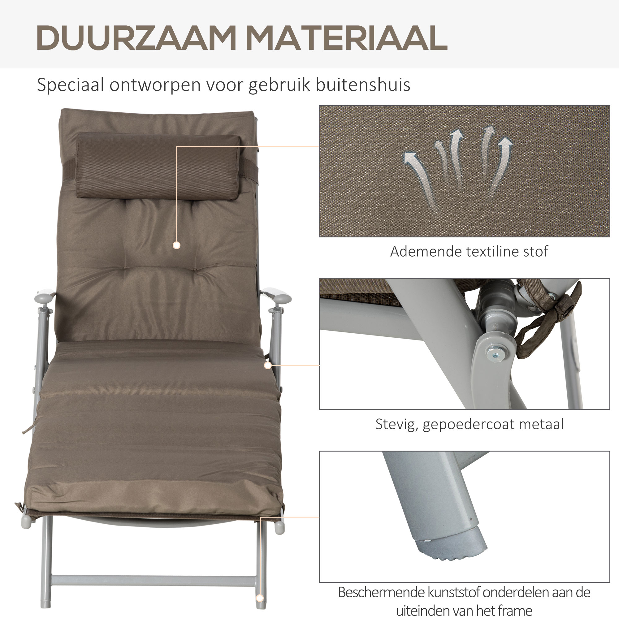 Outsunny Inklapbaar Ligbed Tuin Metalen Frame, Comfortabele Ligstoel Met Kussens, bruin