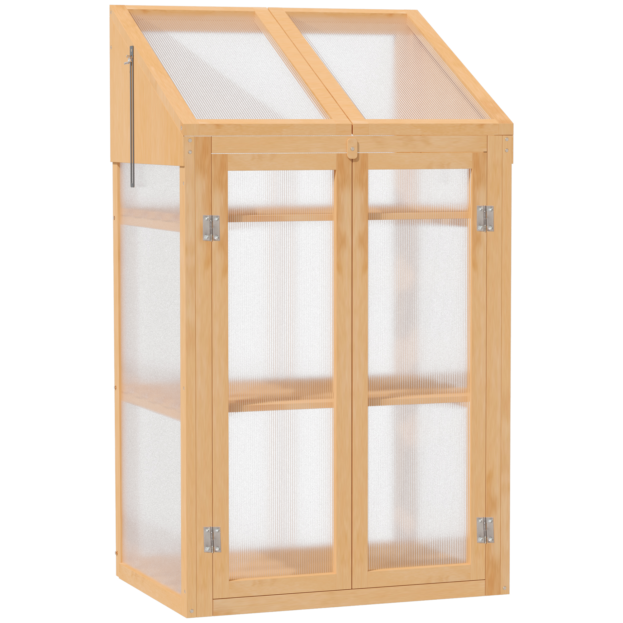 Outsunny Mini-kas, Klein Kas met Houten Frame, Vensters en Dubbele Deur, 3 Planken, 70L x 50B x 120H cm, Bruin