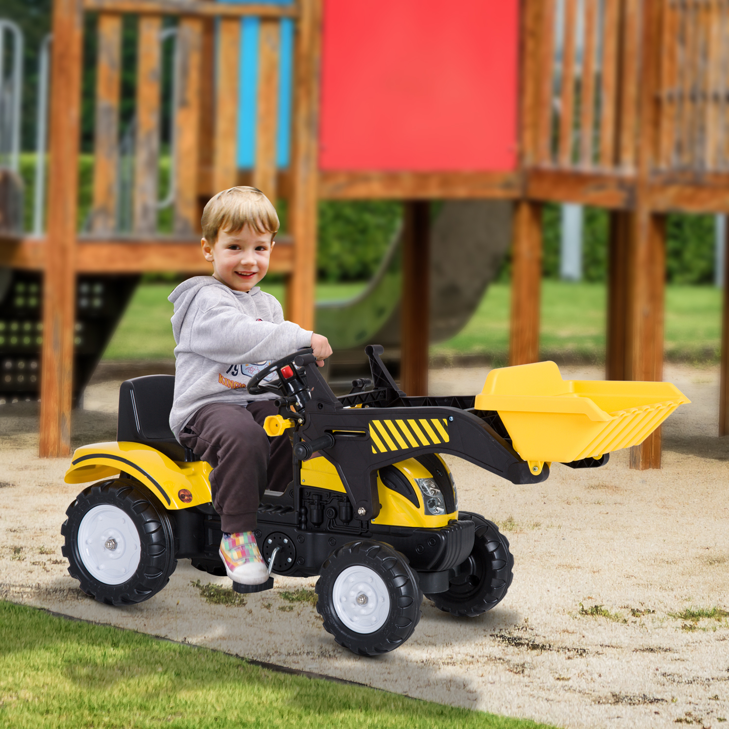 HOMCOM Trapauto met frontlader tractor traptractor vanaf 3 Jaar speelgoed kinderen zwart