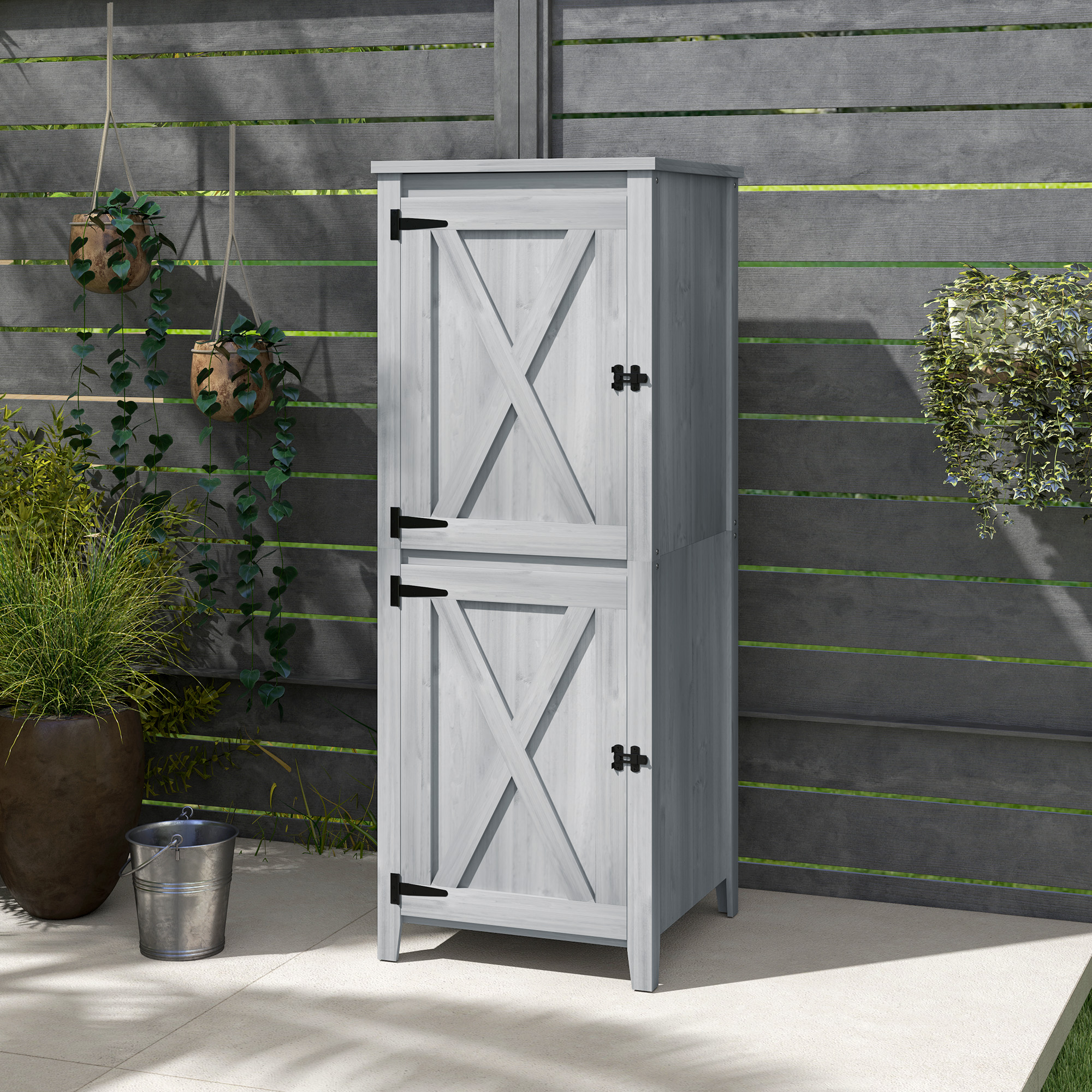 Outsunny Houten Tuinschuur, Compacte Tuinschuur voor Gereedschap en Tuingereedschappen met Afsluitbare Deuren, Lichtgrijs
