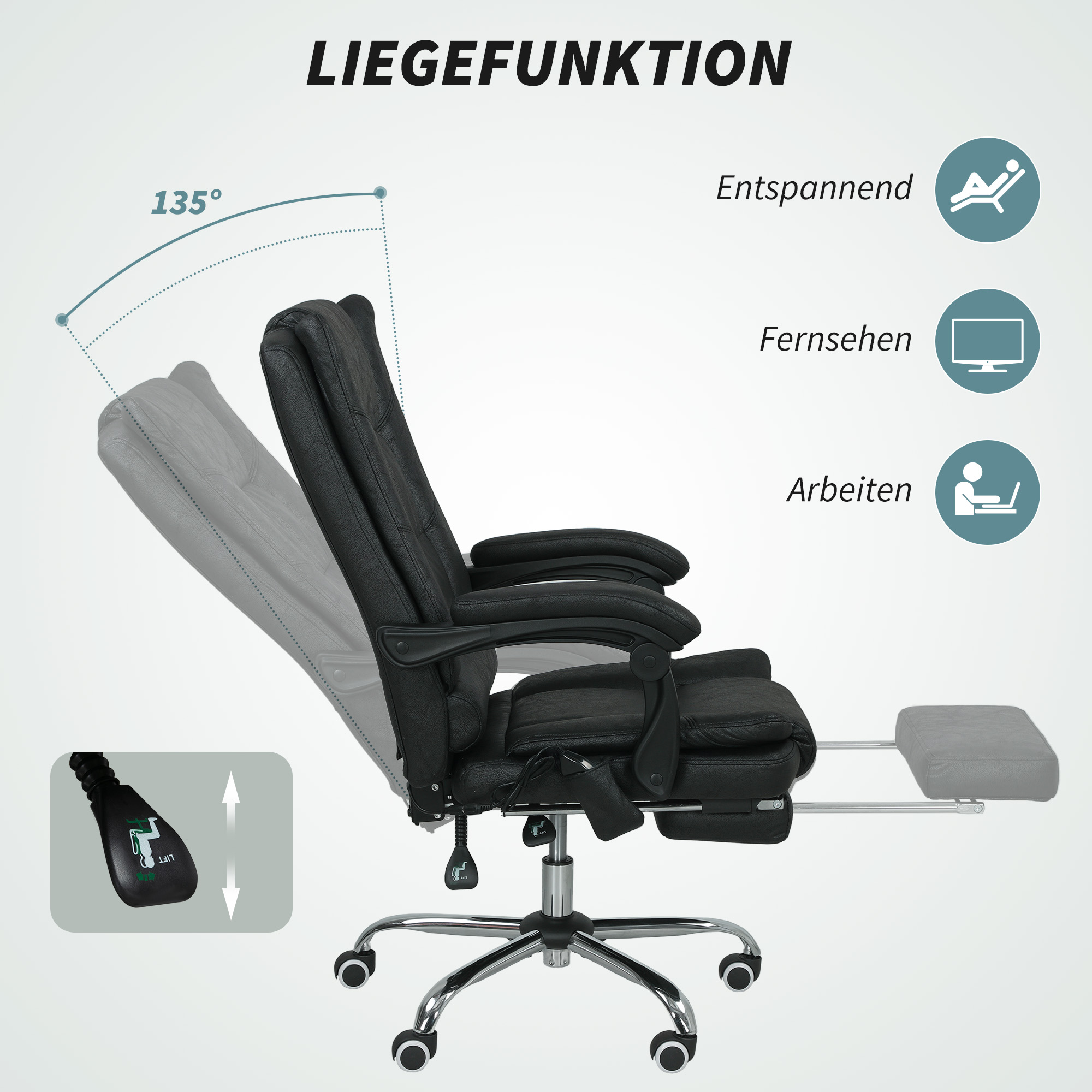Vinsetto Massagestoel Bureau met Massagefunctie, incl. Voetensteun, Verstelbaar, 64 cm x 70 cm x 118 cm, Zwart
