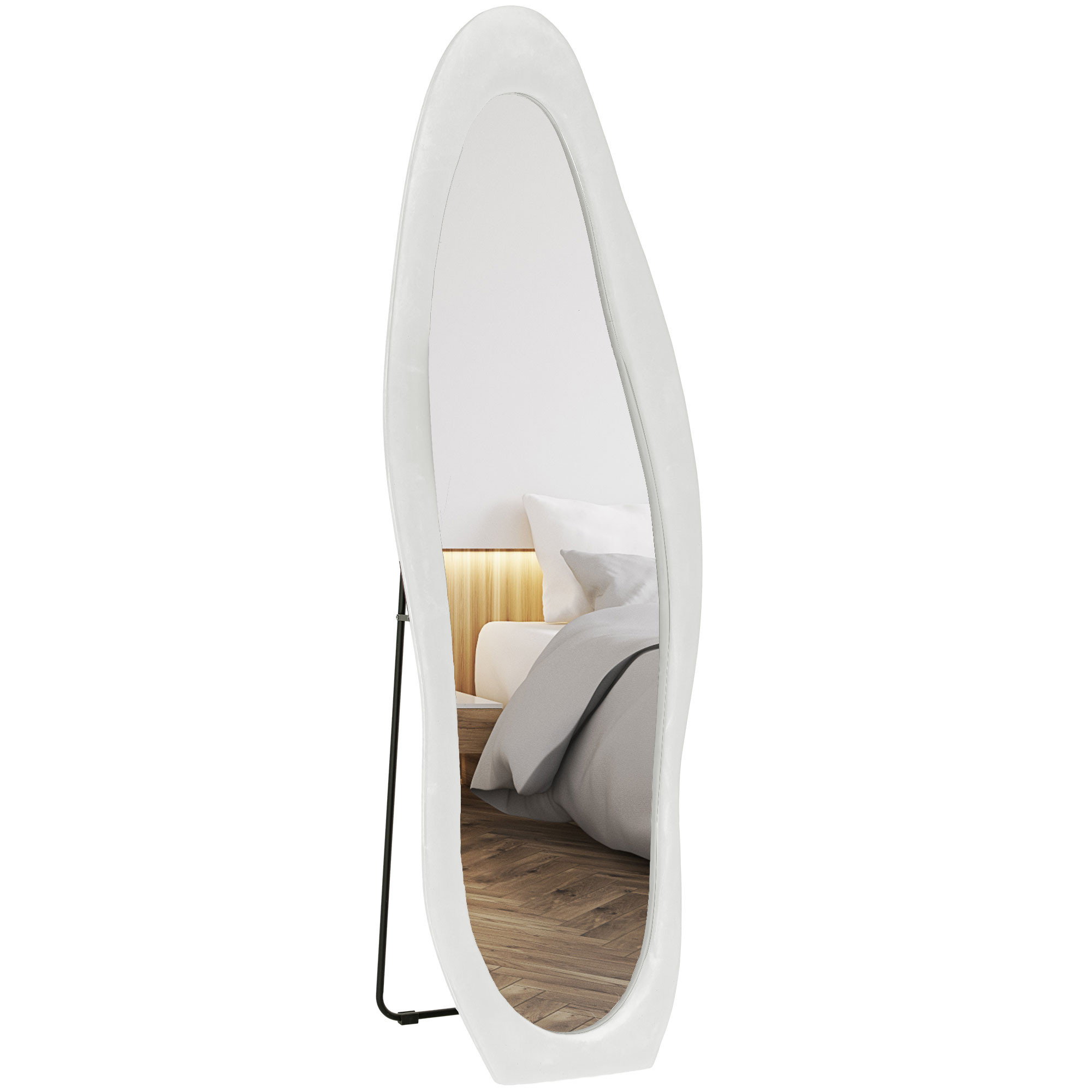 HOMCOM Volledige Lichaamsspiegel, Golvende Vorm, 160 x 50 cm, Vrijstaand, Fluweelachtige Framebekleding, Slaapkamer, Woonkamer, Wit