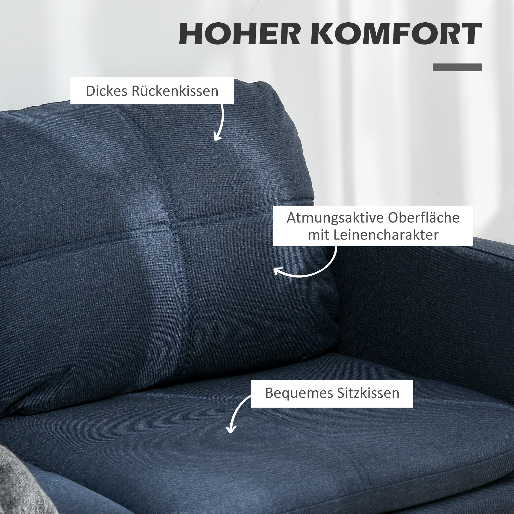 HOMCOM Tweezitsbank, Brede Armleuningen, Ademende Stof, Schuimvulling, 135 x 67 x 80 cm, Donkerblauw