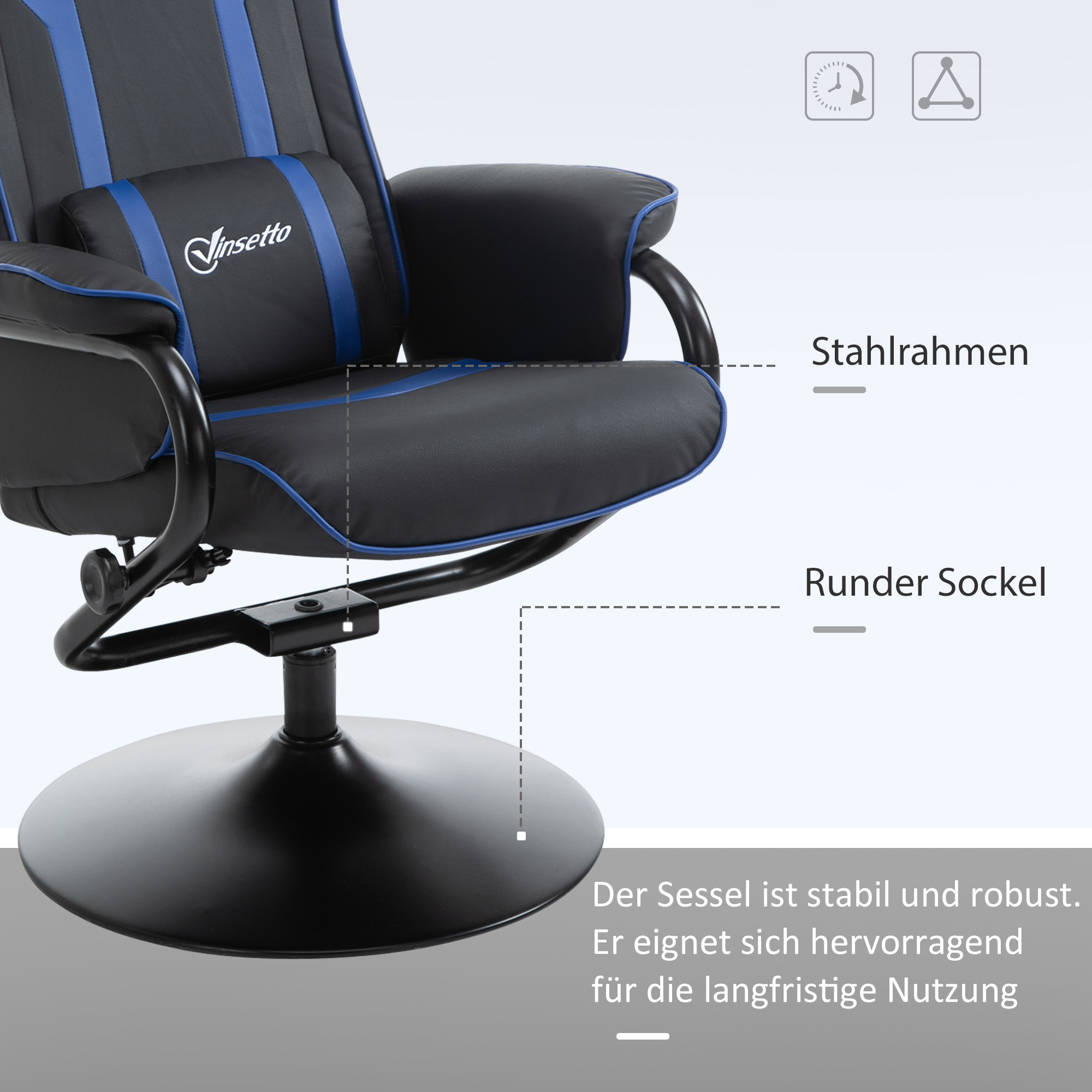 Vinsetto Fauteuil met voetenbank, inclusief hoofdsteun en lendenkussen, rugleuning verstelbaar tot 130°, donkergrijs+blauw