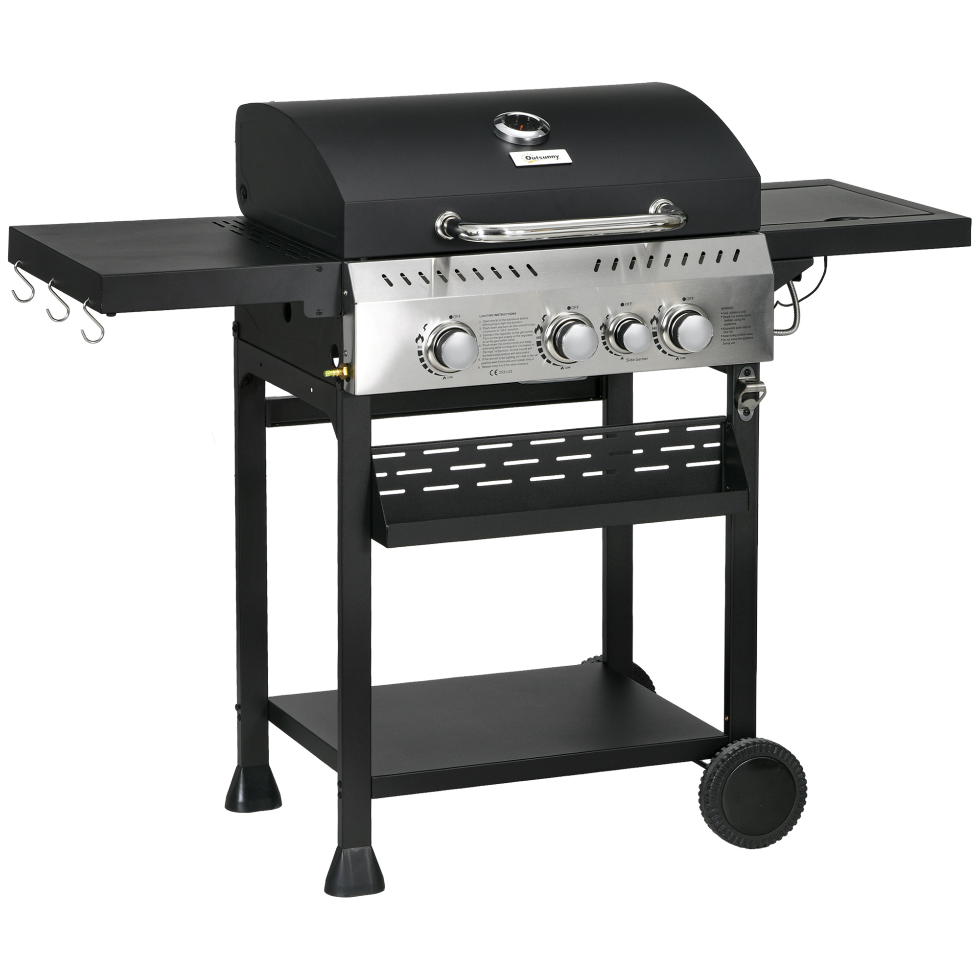 Outsunny Gasgrill, BBQ-Grill, 4 Hoofdbranders, 1 Zijbrander, 1 Warmhoudplaat; 123 x 52 x 101cm, Zwart