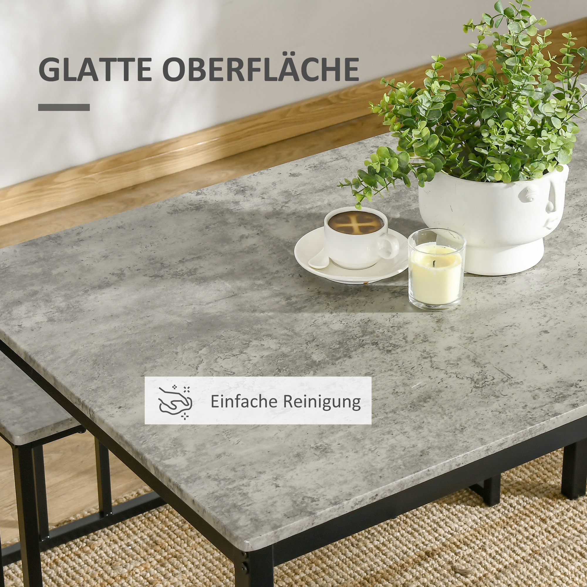 HOMCOM Eetset, 4-delig, Tafel, 2 Krukken en Bank, Compact, Metalen Frame, Grijs