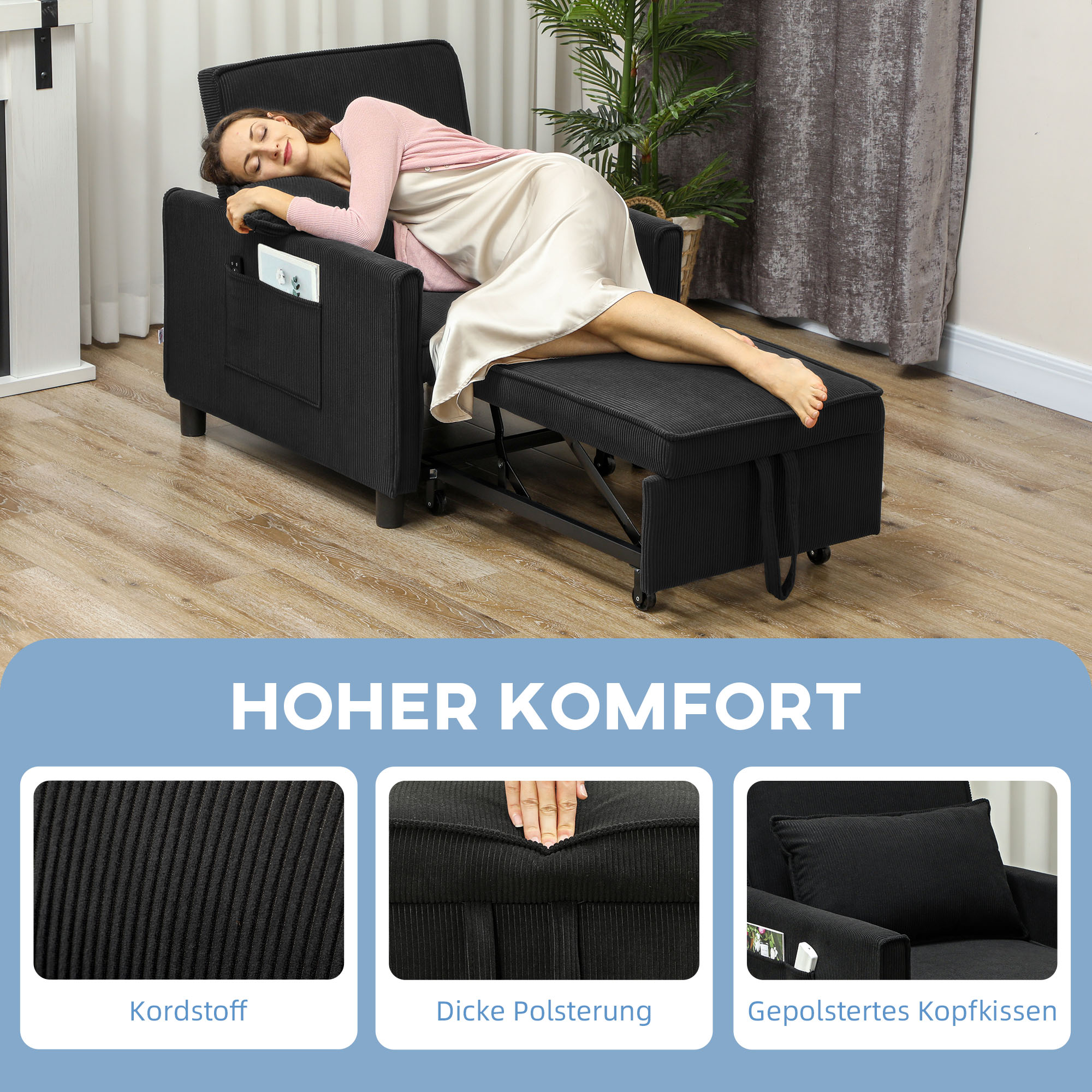 HOMCOM Slaapfauteuil, 3 standen verstelbare, Corduroy bekleding, tot 120 kg, Zwart
