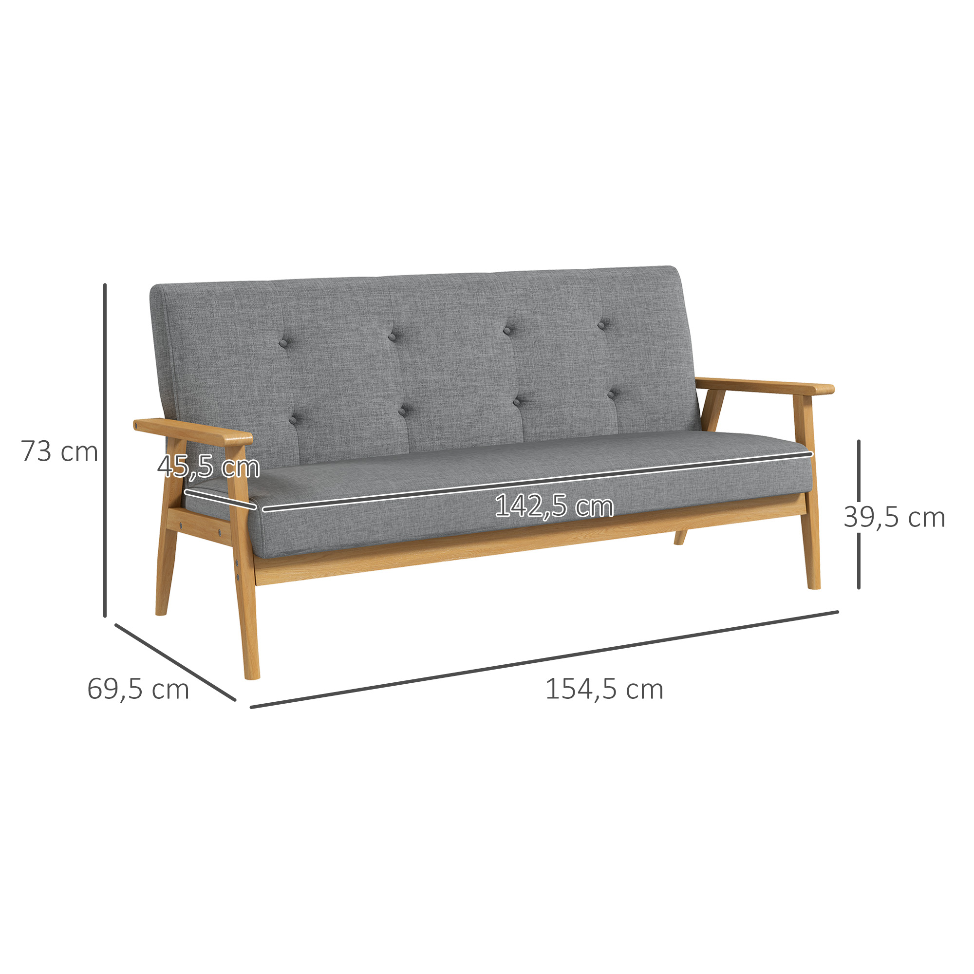 HOMCOM Driezitsbank van Kautschukhout, 154,5 x 69,5 x 73 cm, Grijs